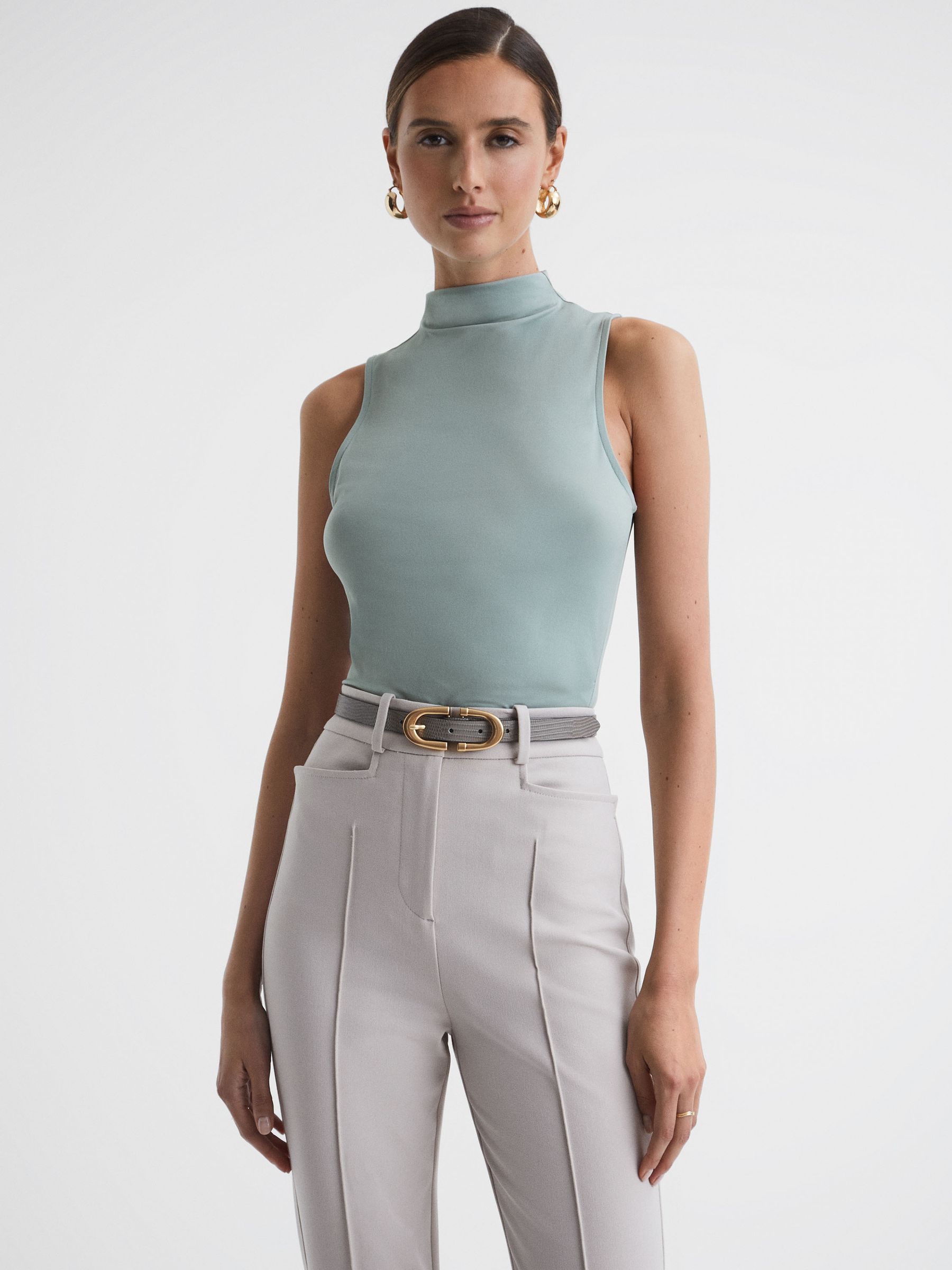 Fitted Ruched High-Neck Top in Sage - Image 1 of 5