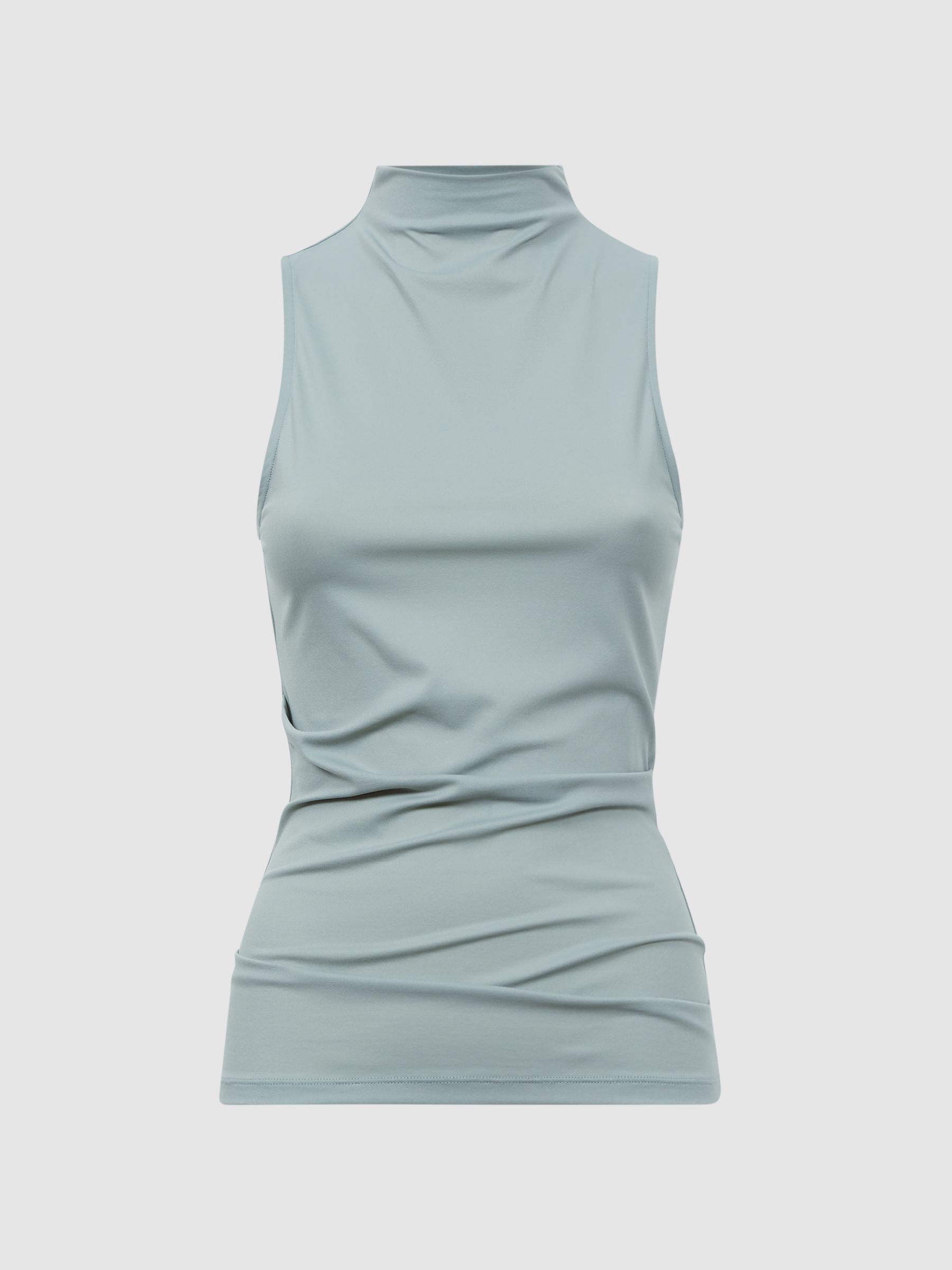 Fitted Ruched High-Neck Top in Sage - Image 2 of 5