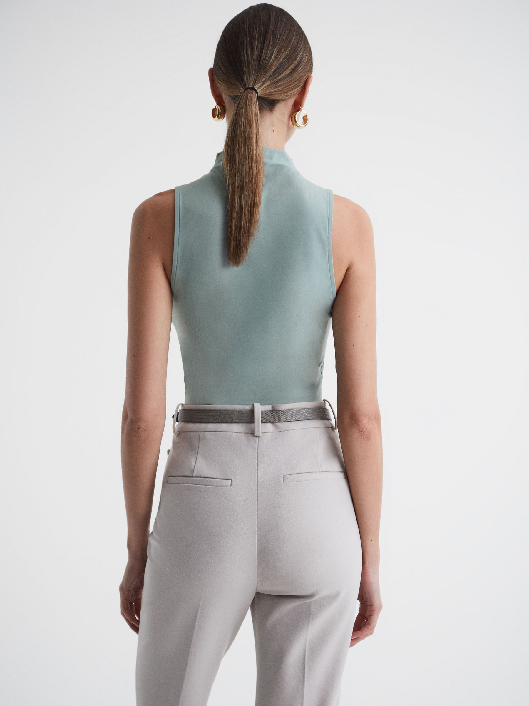 Fitted Ruched High-Neck Top in Sage - Image 4 of 5