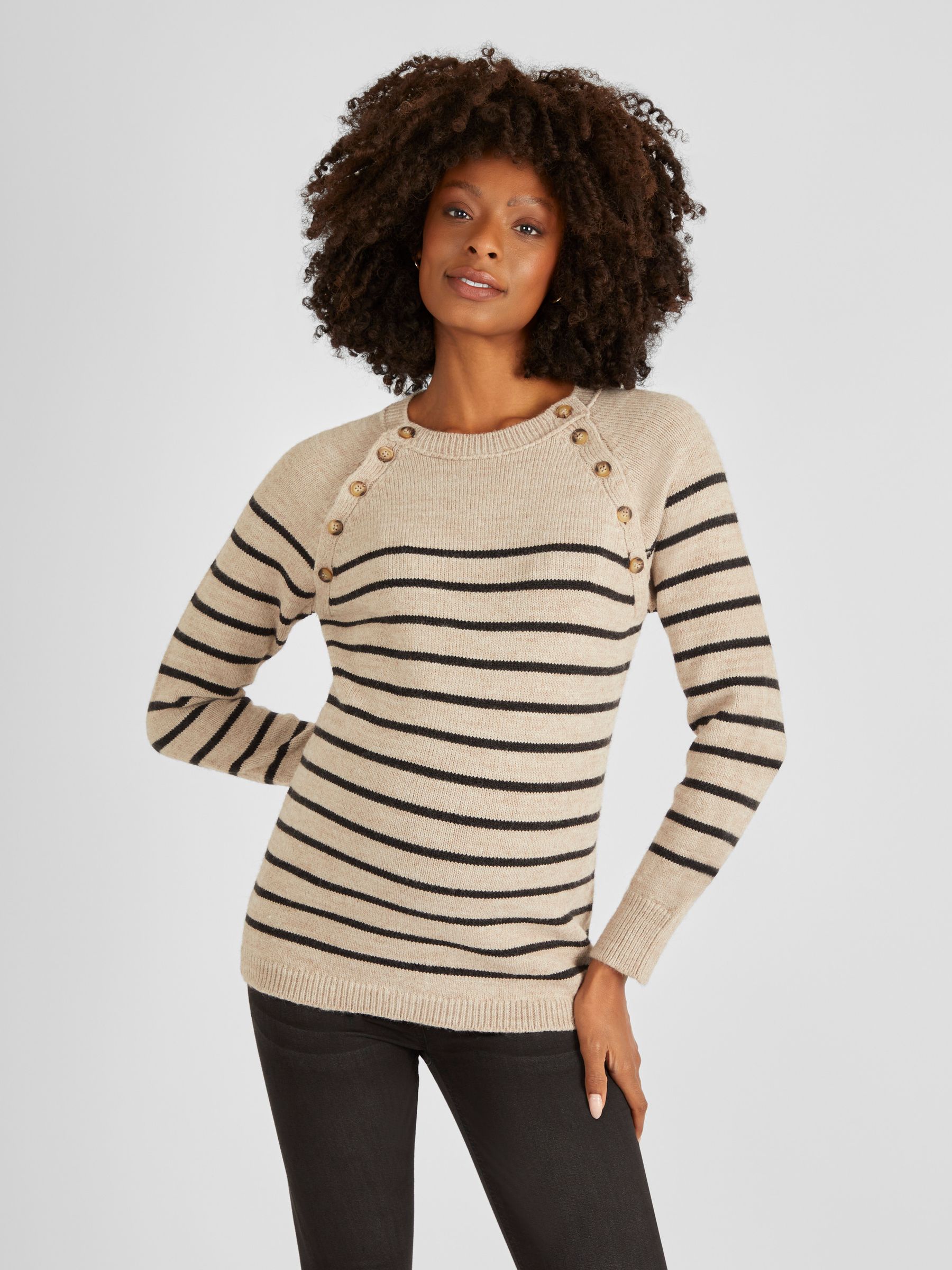 Oatmeal Stripe Button Shoulder Maternity & Nursing Jumper - Image 1 of 4