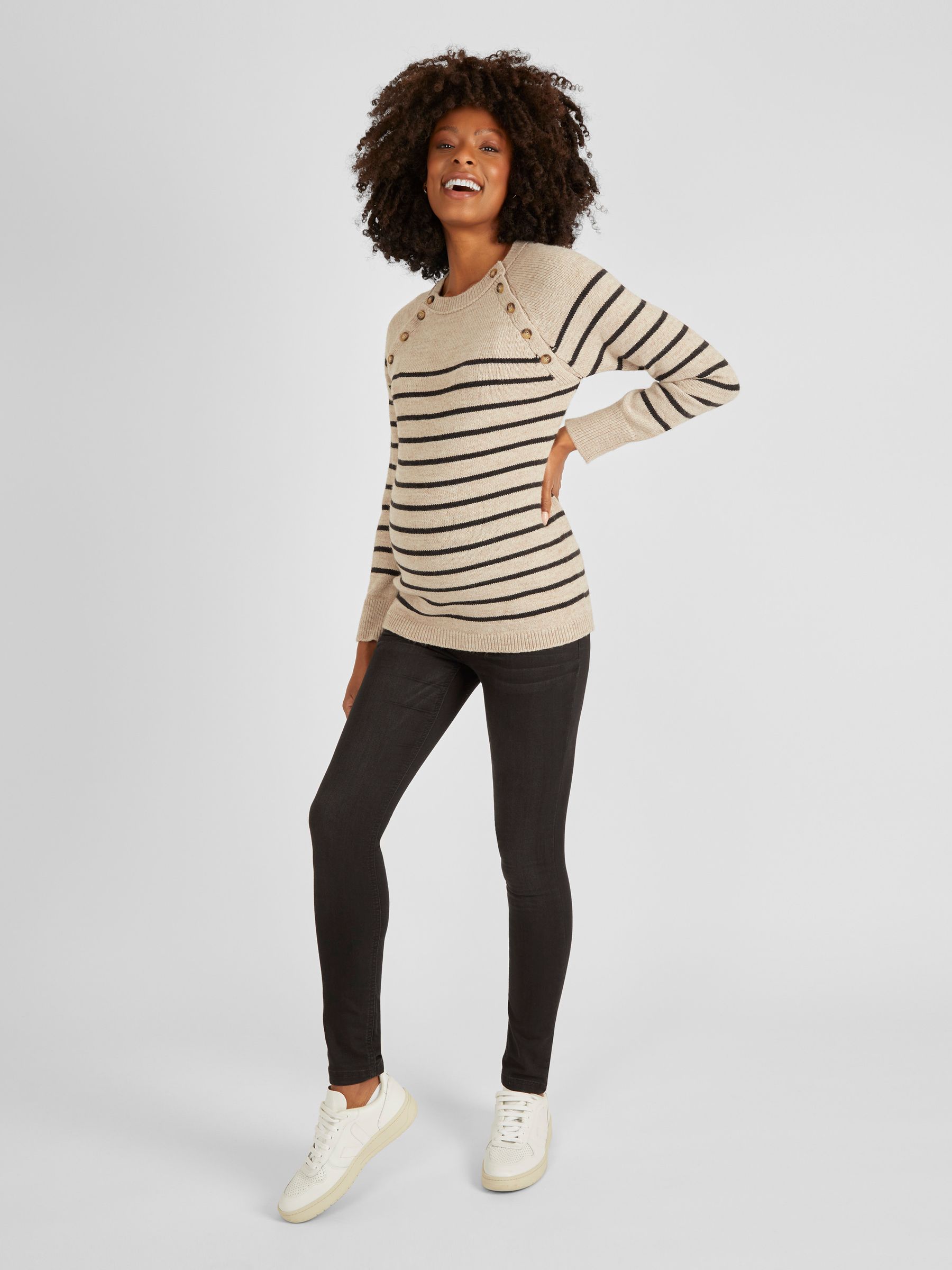 Oatmeal Stripe Button Shoulder Maternity & Nursing Jumper - Image 3 of 4