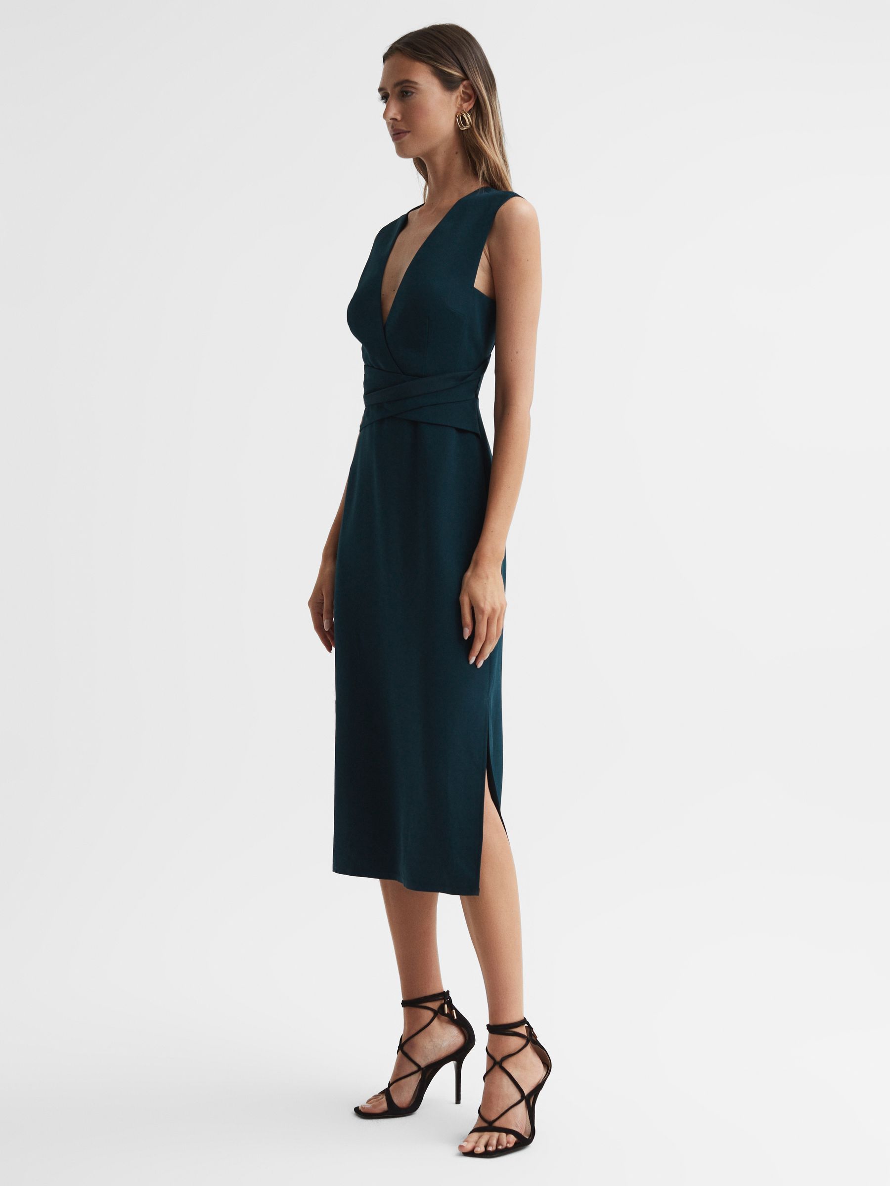 Petite Fitted Wrap Design Midi Dress in Teal - Image 1 of 6
