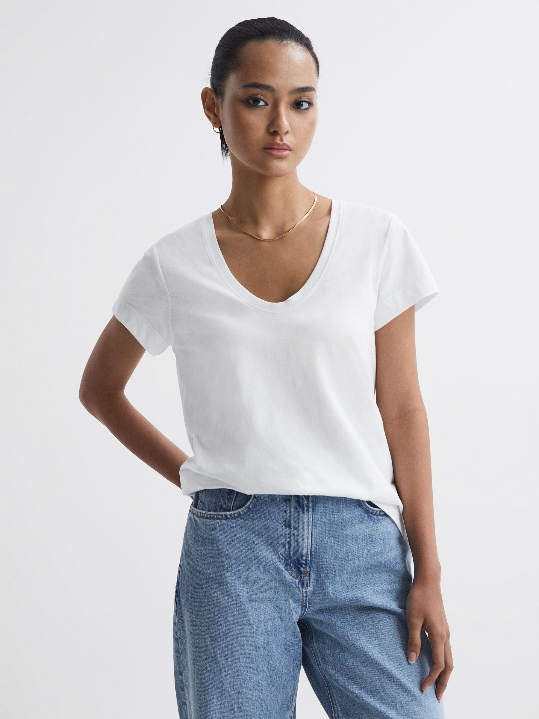 Cotton Scoop Neck T-Shirt in White - Image 1 of 4