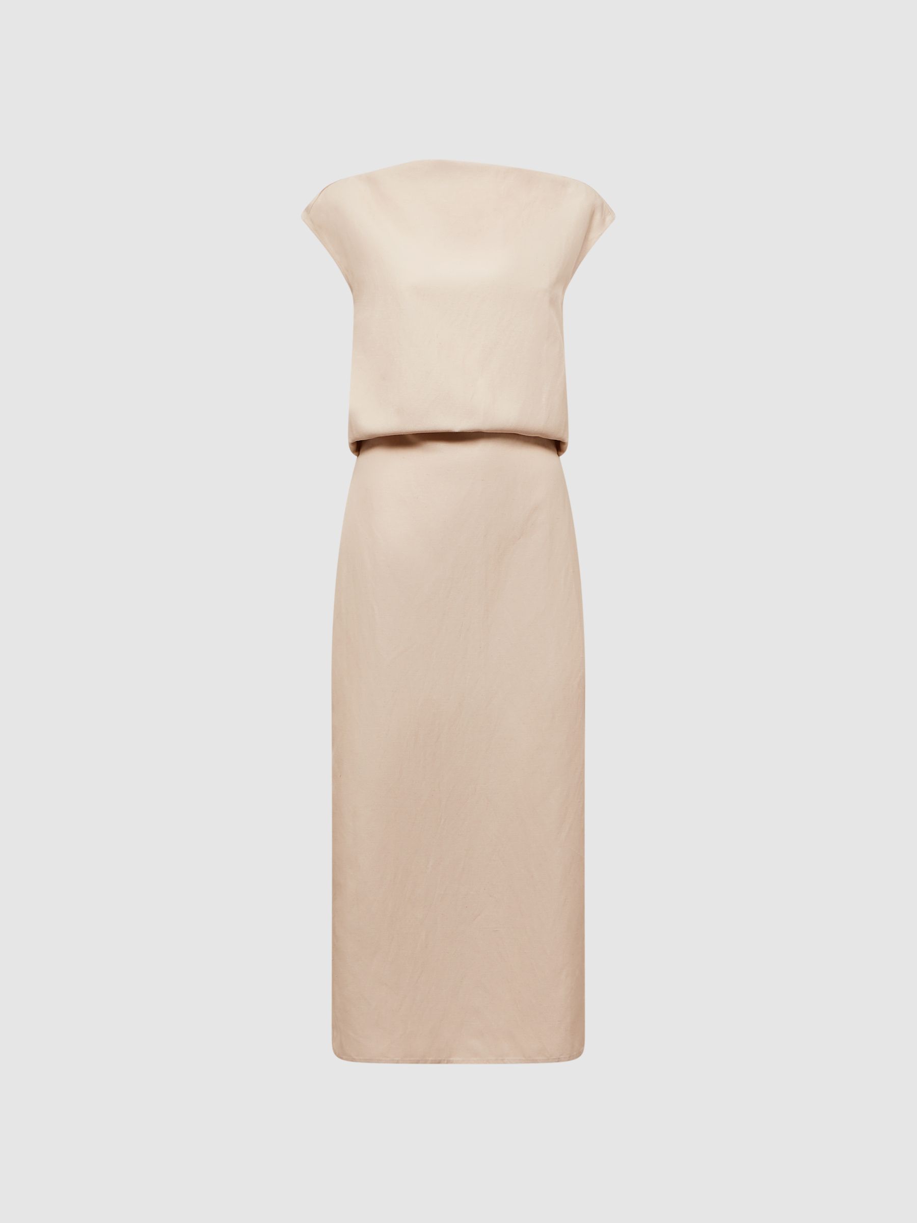 Premium Linen Blend Open-Back Midi Dress in Nude - Image 2 of 7