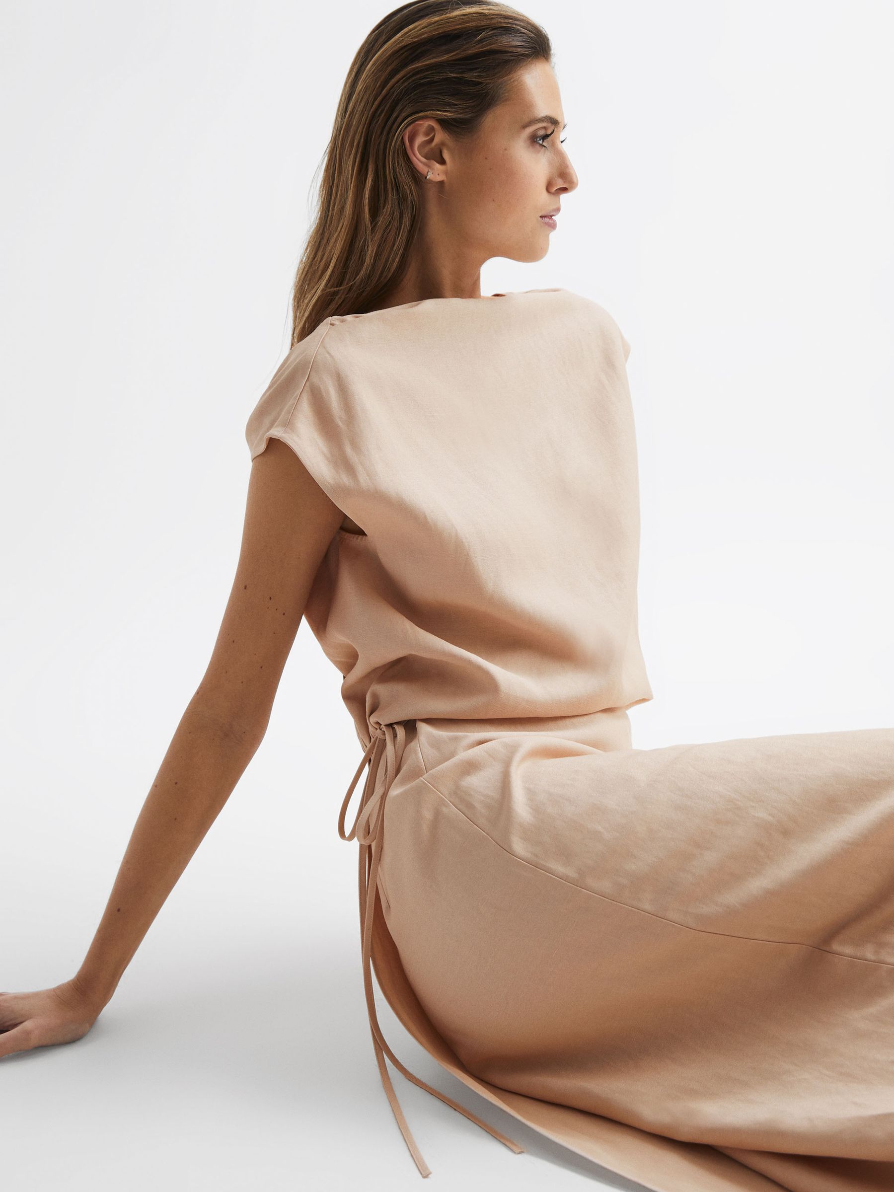 Premium Linen Blend Open-Back Midi Dress in Nude - Image 3 of 7