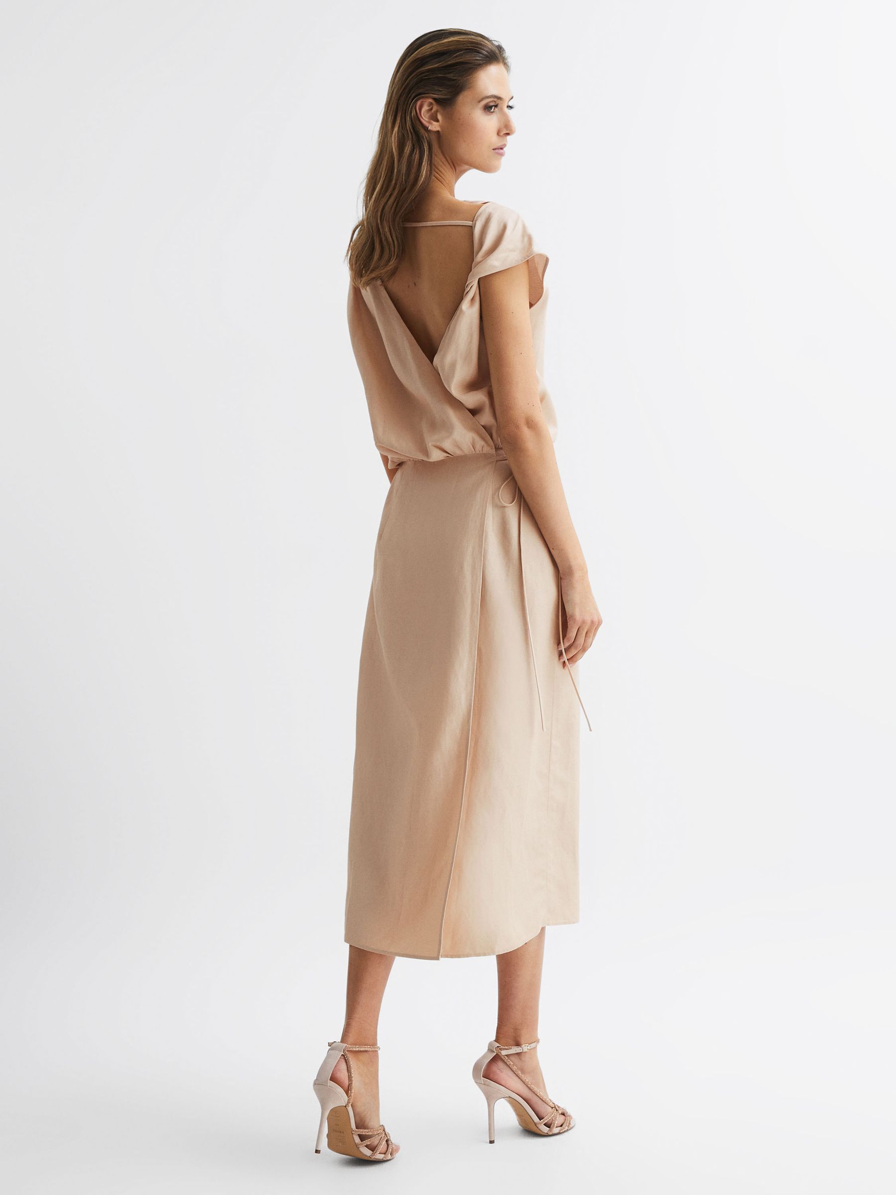 Reiss Premium Linen Blend Open-Back Midi Dress in Nude | REISS