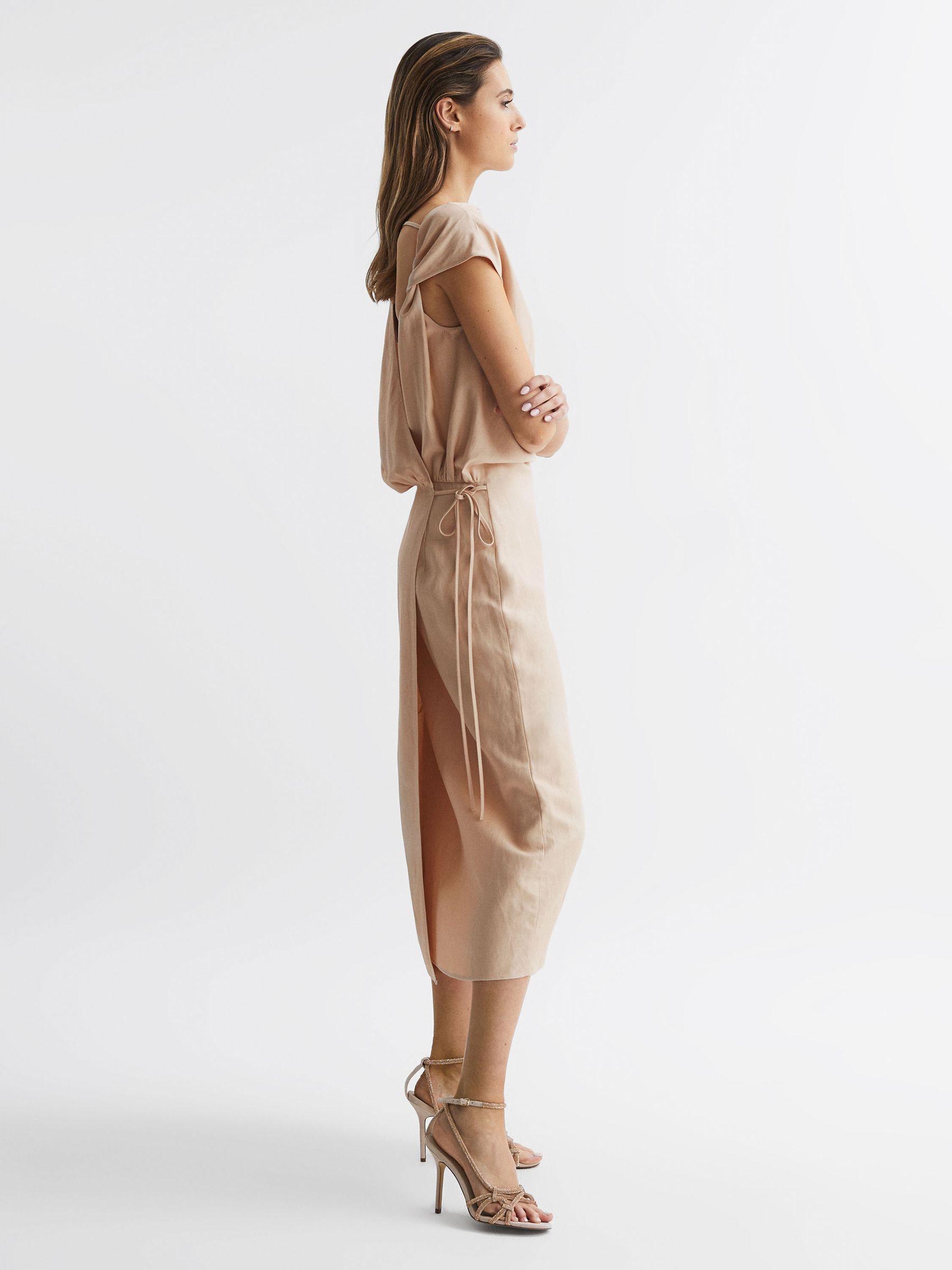 Premium Linen Blend Open-Back Midi Dress in Nude - Image 6 of 7