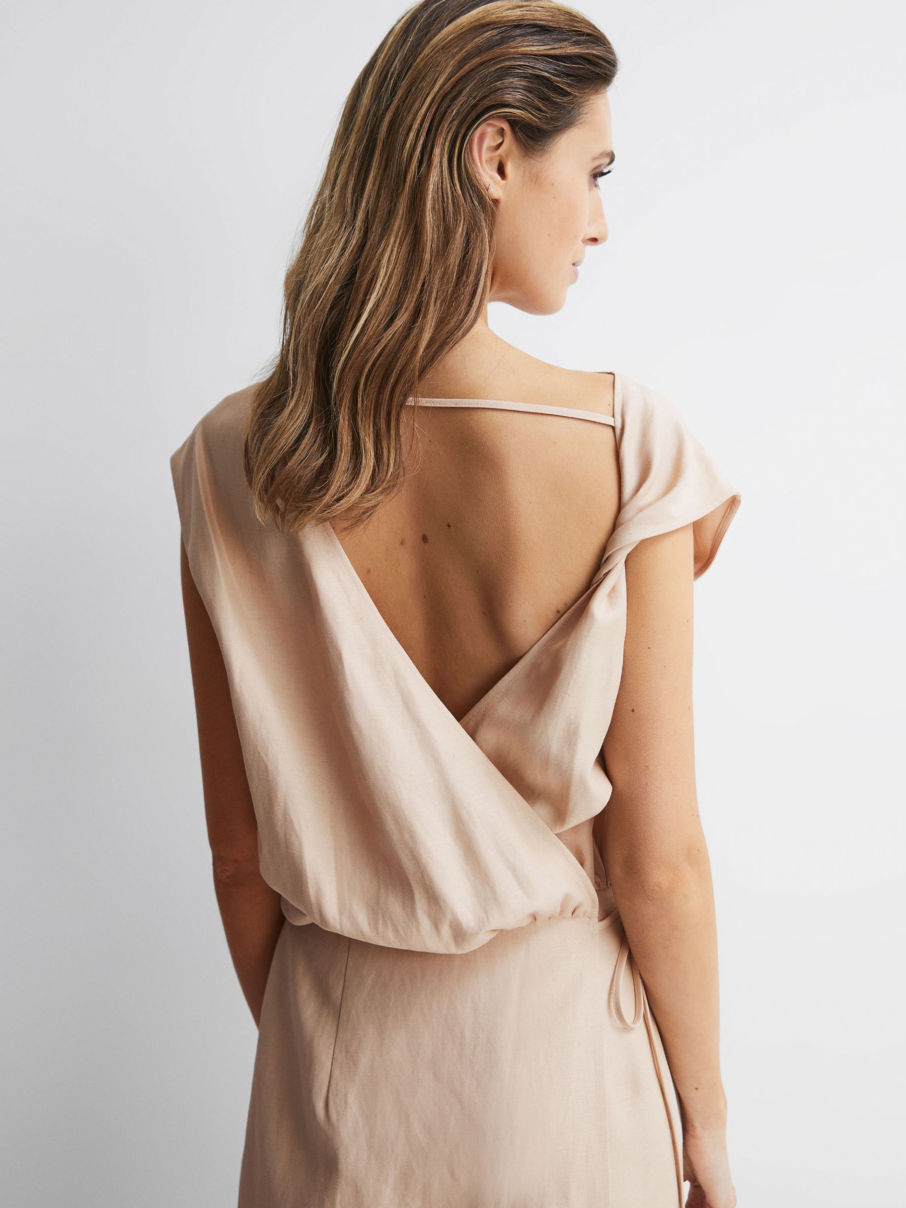 Reiss Premium Linen Blend Open-Back Midi Dress in Nude | REISS Reiss Premium Linen Blend Open-Back Midi Dress in Nude | REISS