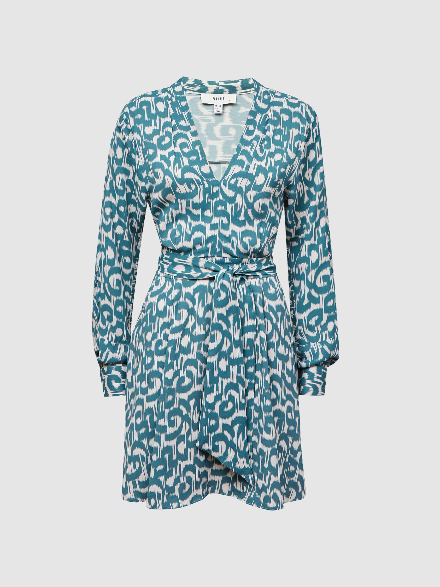Belted V-Neck Long Sleeve Dress in Teal/White - Image 2 of 4