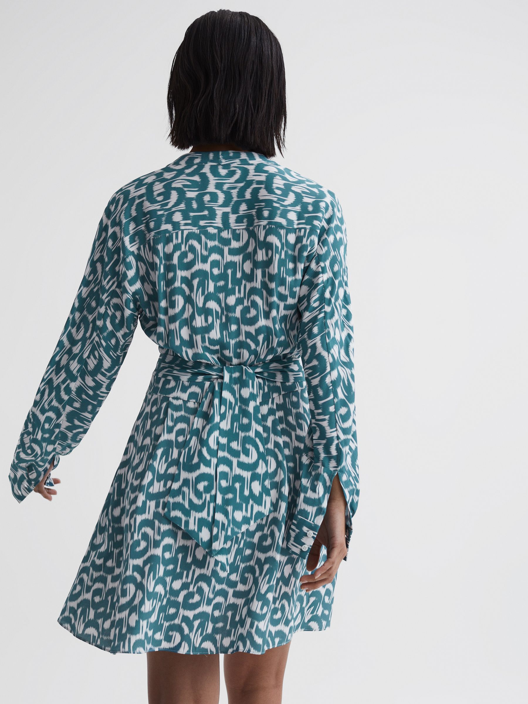 Belted V-Neck Long Sleeve Dress in Teal/White - Image 3 of 4