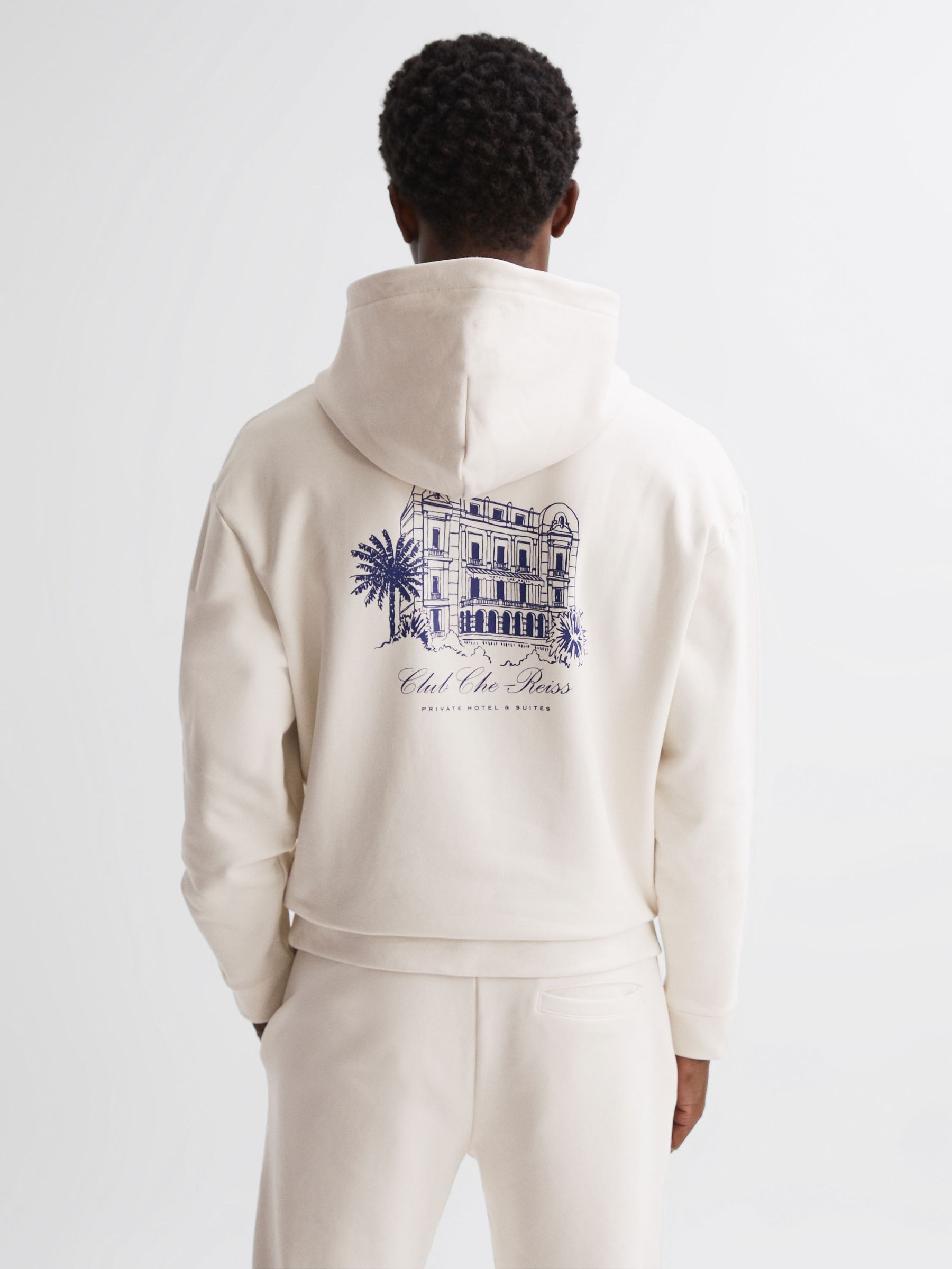Reiss Reiss Ché Motif Cotton Hoodie in Off White REISS