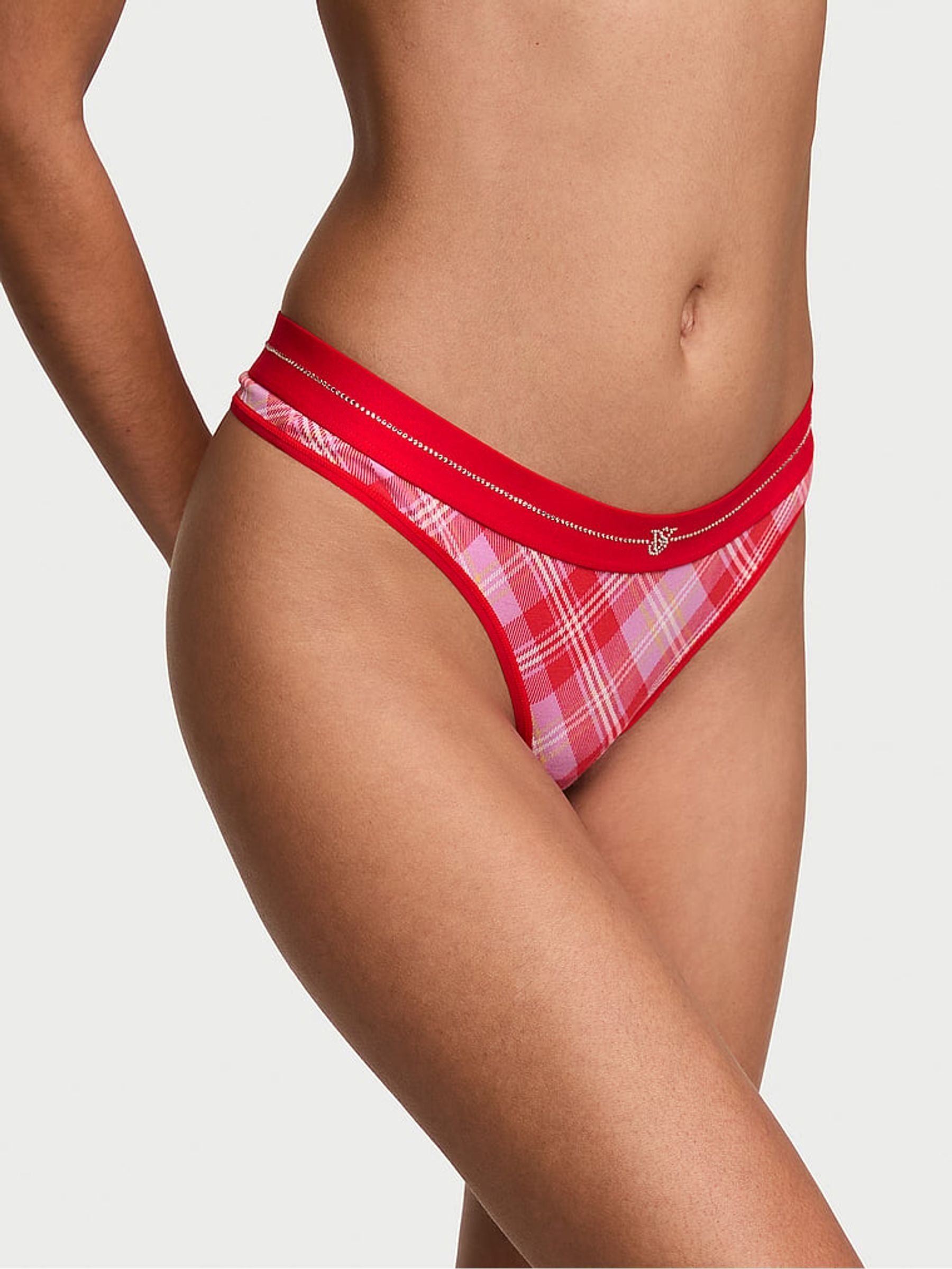 Red & Pink Tartan Thong Shine Logo Knickers - Image 1 of 2
