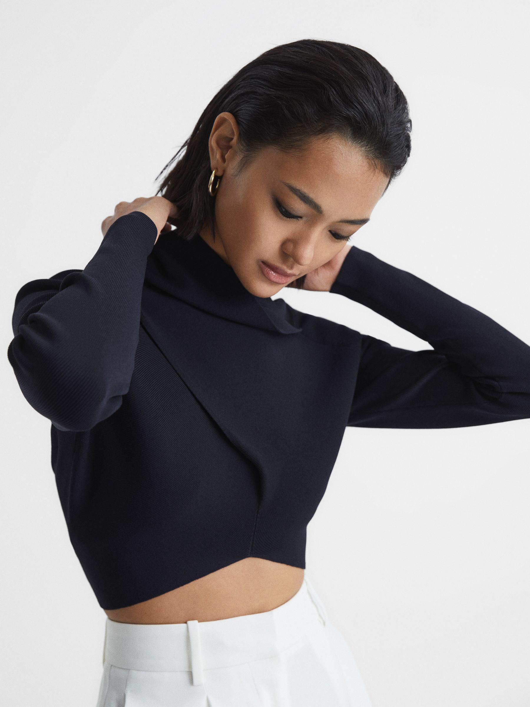 High Neck Cropped Co Ord Top in Navy - Image 7 of 8