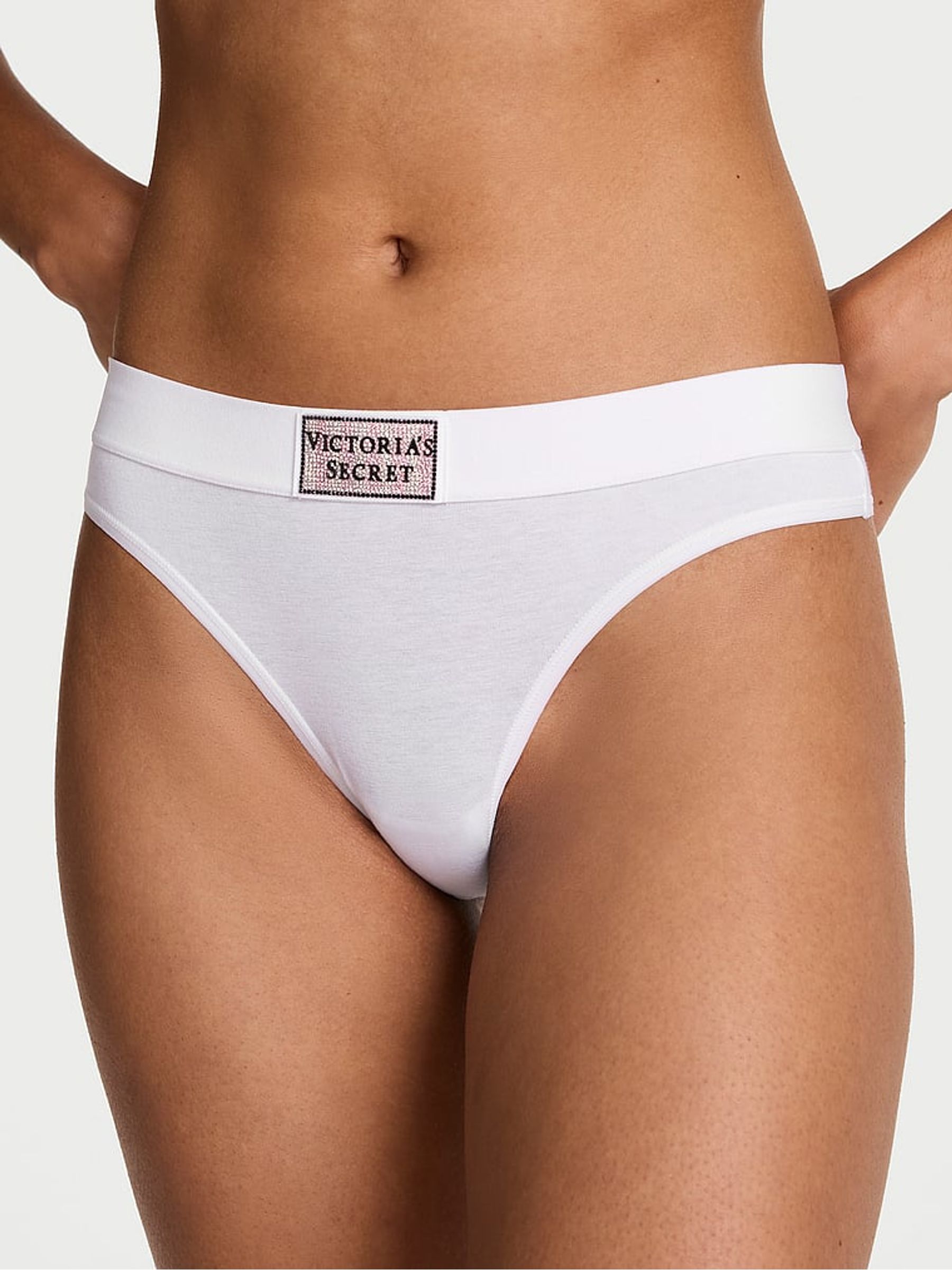 White Thong Logo Cotton Shine Patch Knickers - Image 1 of 2 White Thong Logo Cotton Shine Patch Knickers - Image 1 of 2