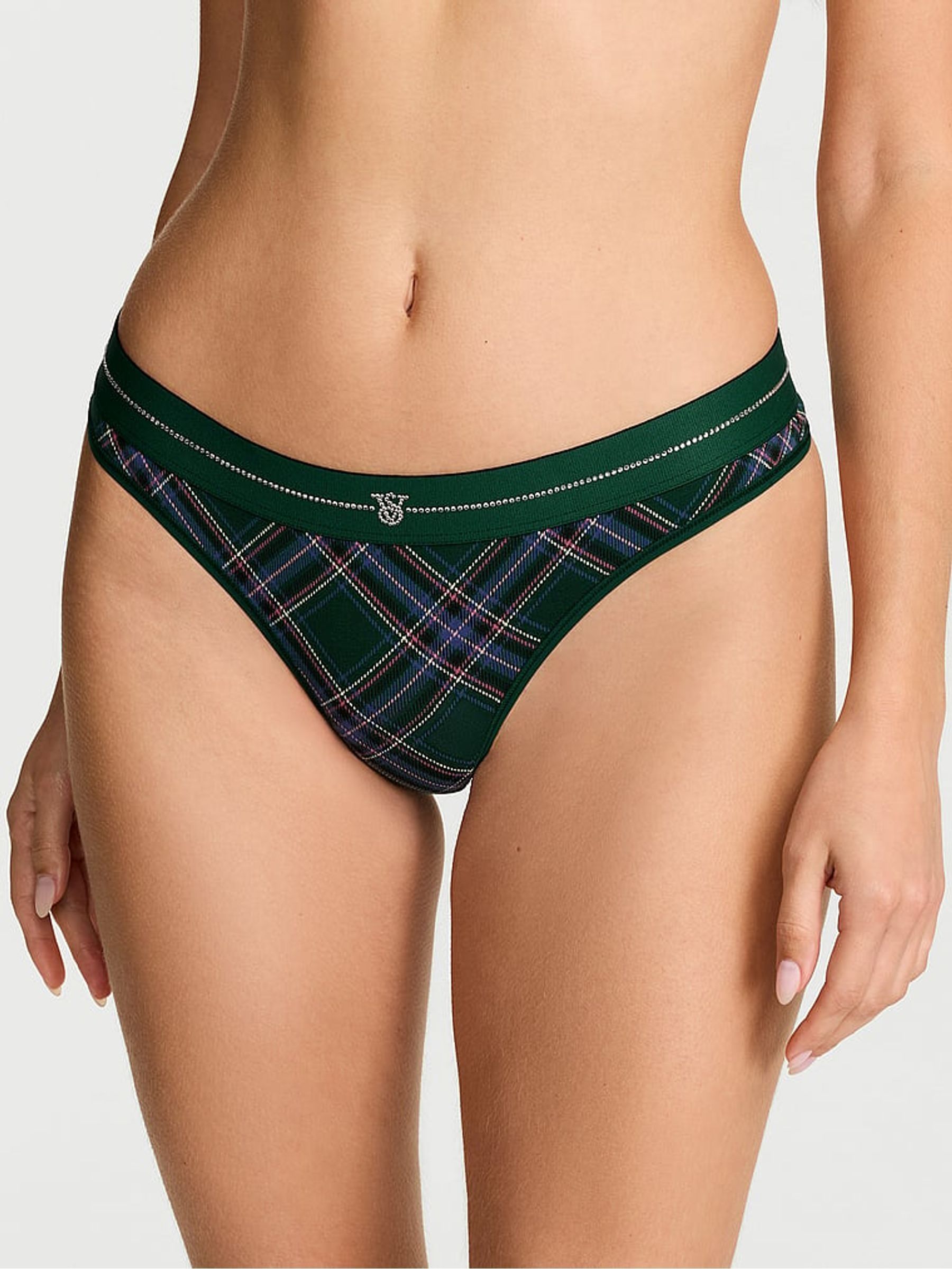 Green Tartan Thong Shine Logo Knickers - Image 1 of 2