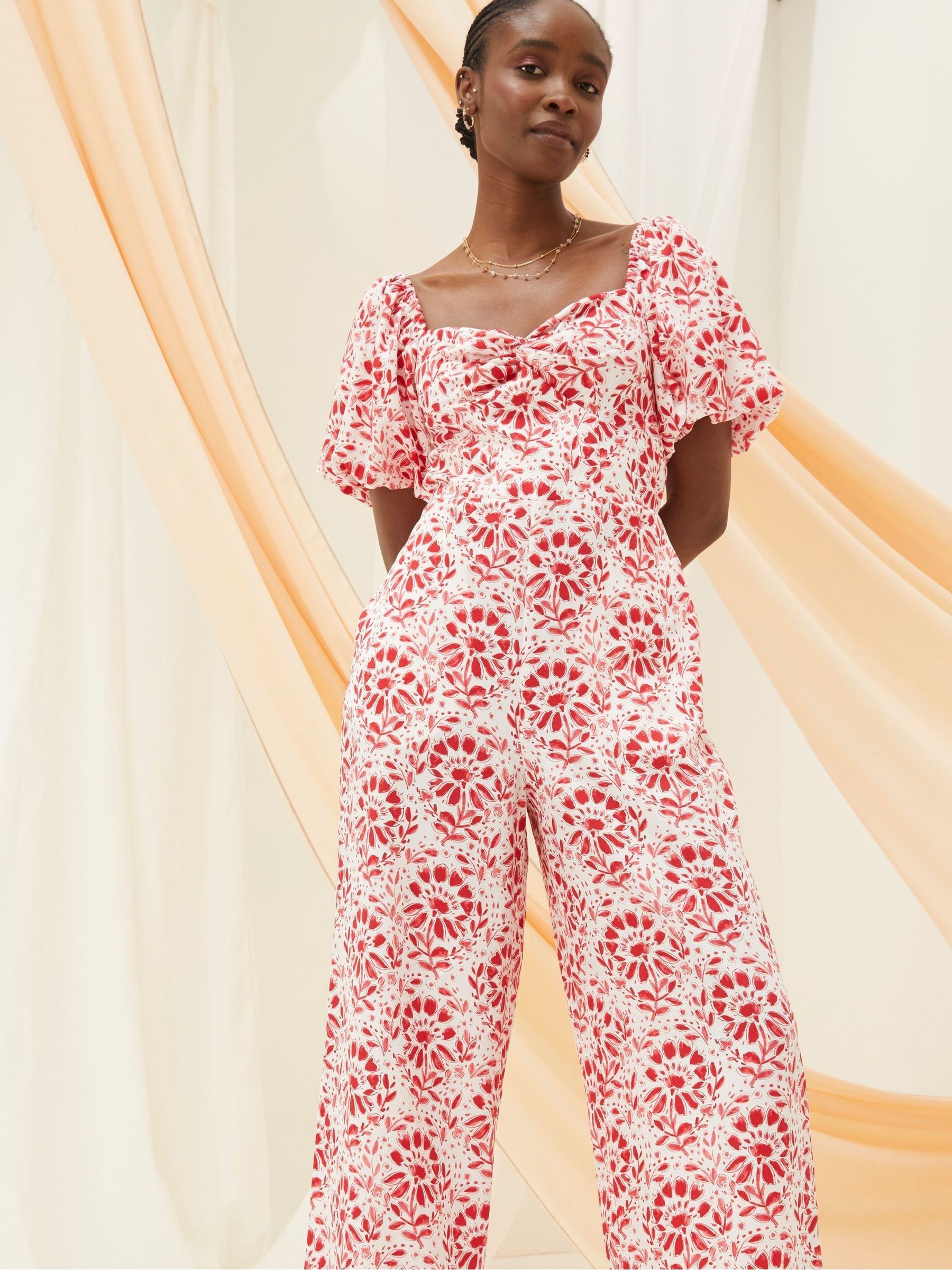 Rose Red/White Floral Tile Jumpsuit - Image 4 of 8