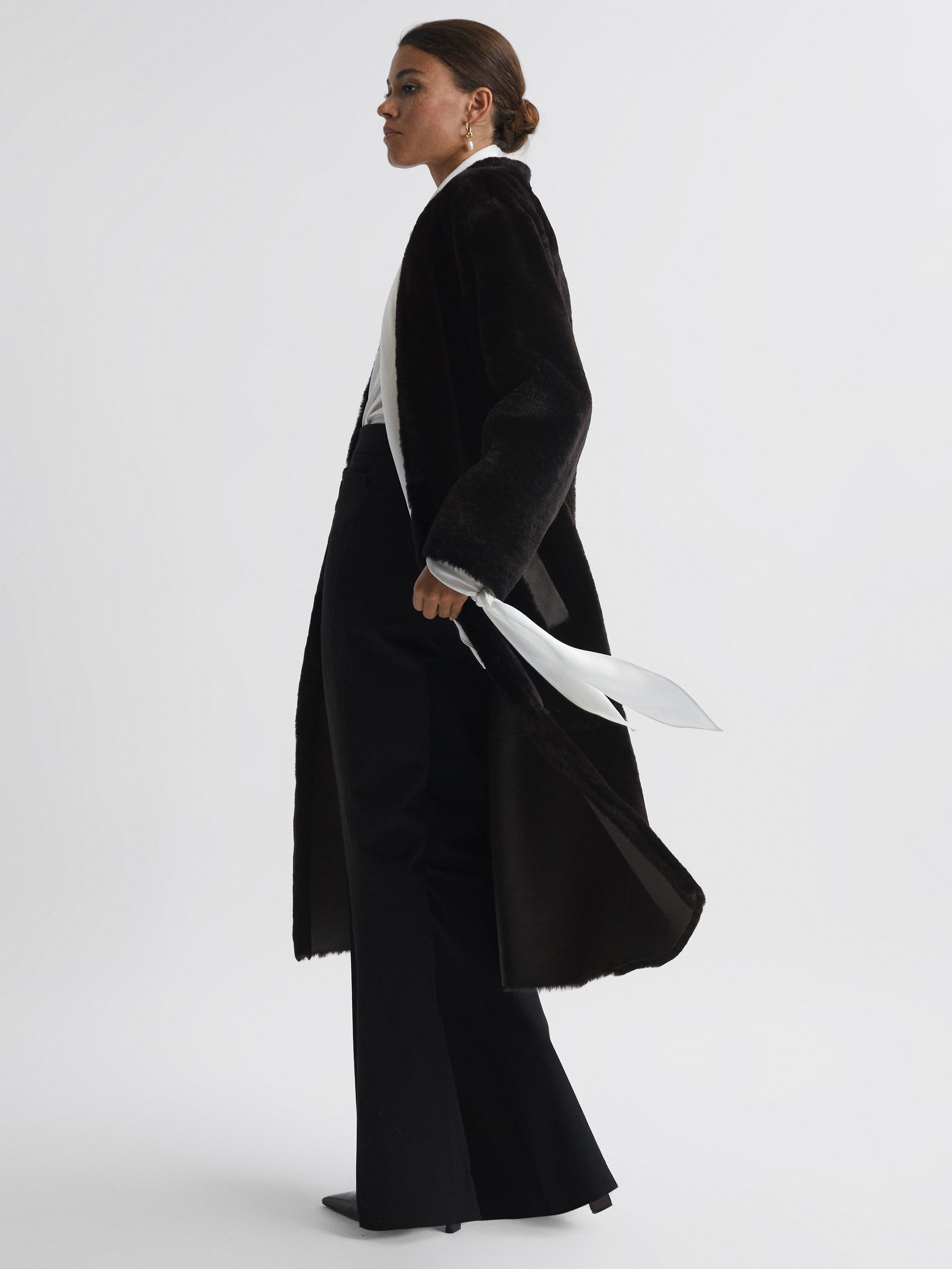 Reversible Leather Shearling Jacket in Chocolate - Image 3 of 9