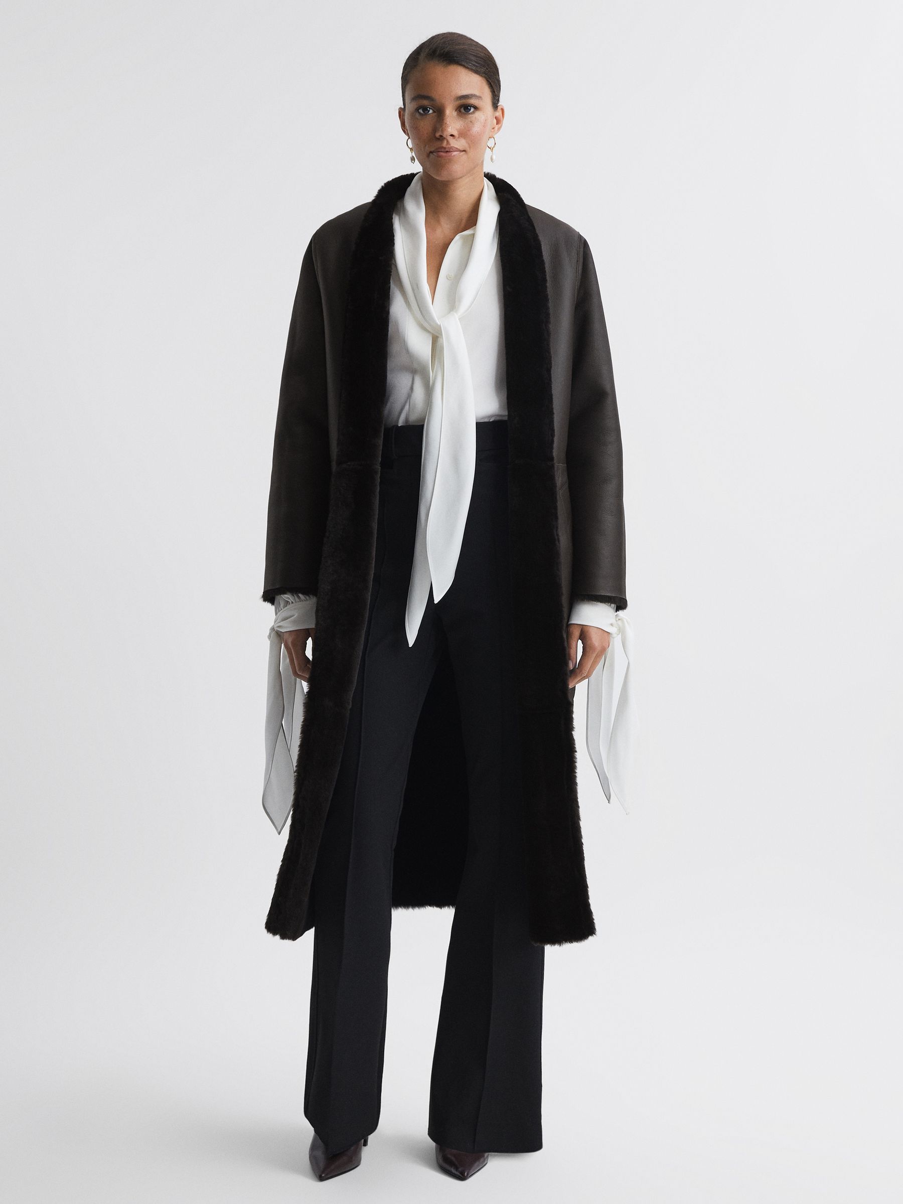 Reversible Leather Shearling Jacket in Chocolate - Image 4 of 9