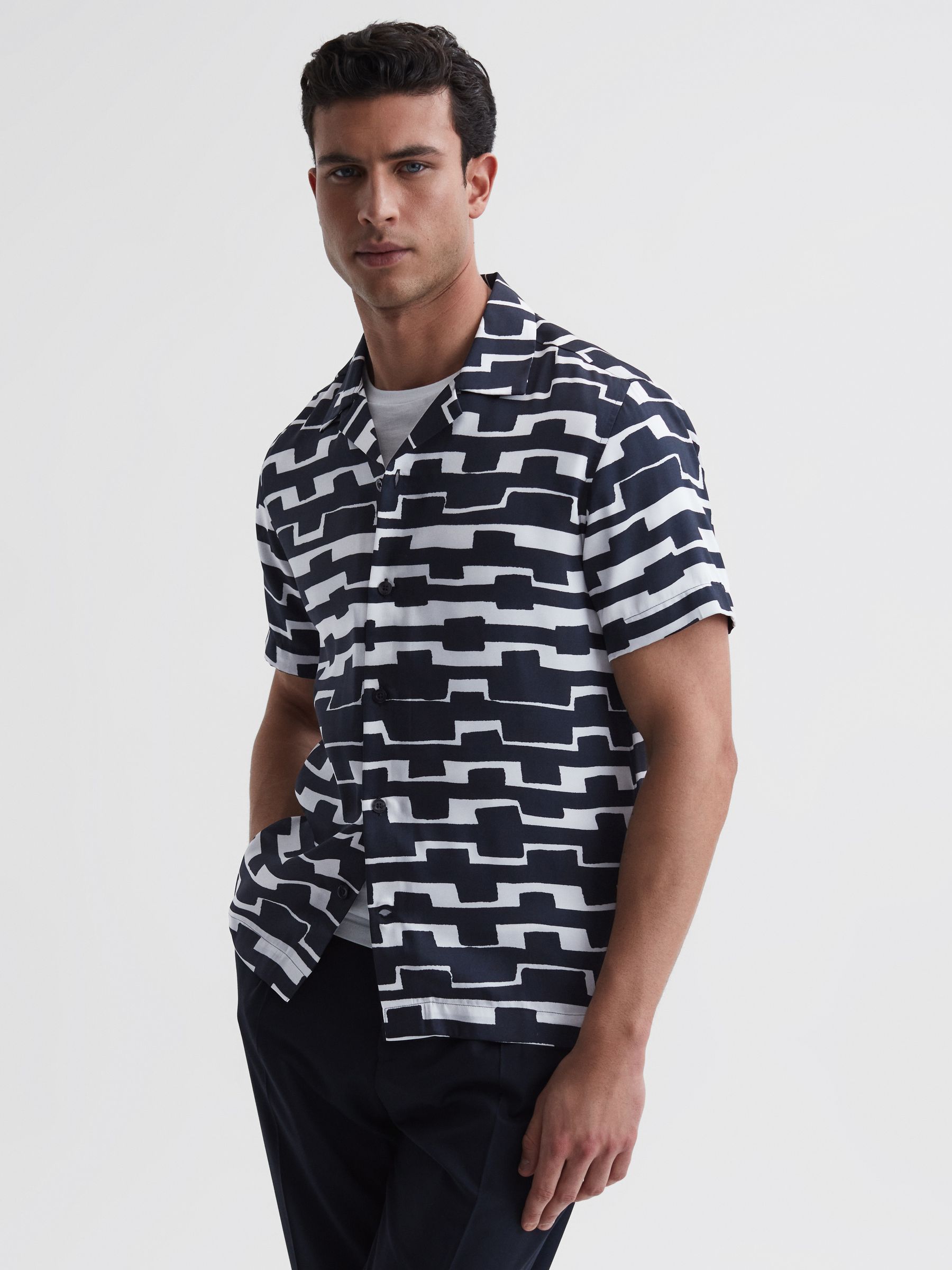 Abstract Printed Cuban Collar Shirt in Navy/White - Image 1 of 6