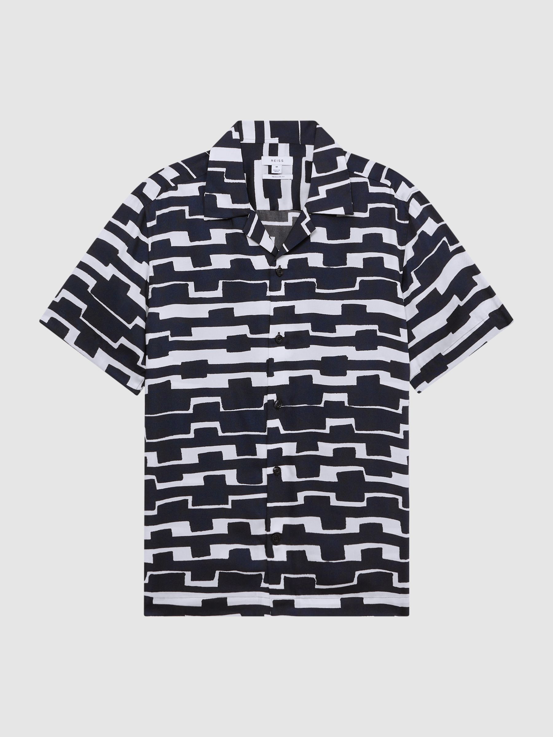 Abstract Printed Cuban Collar Shirt in Navy/White - Image 2 of 6