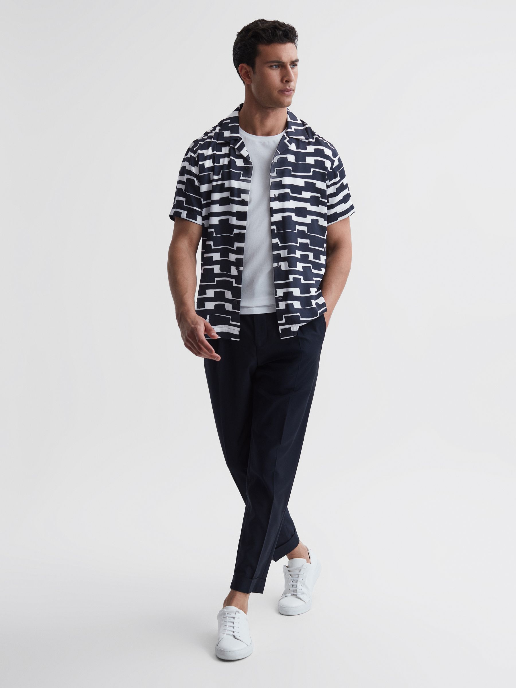 Abstract Printed Cuban Collar Shirt in Navy/White - Image 3 of 6