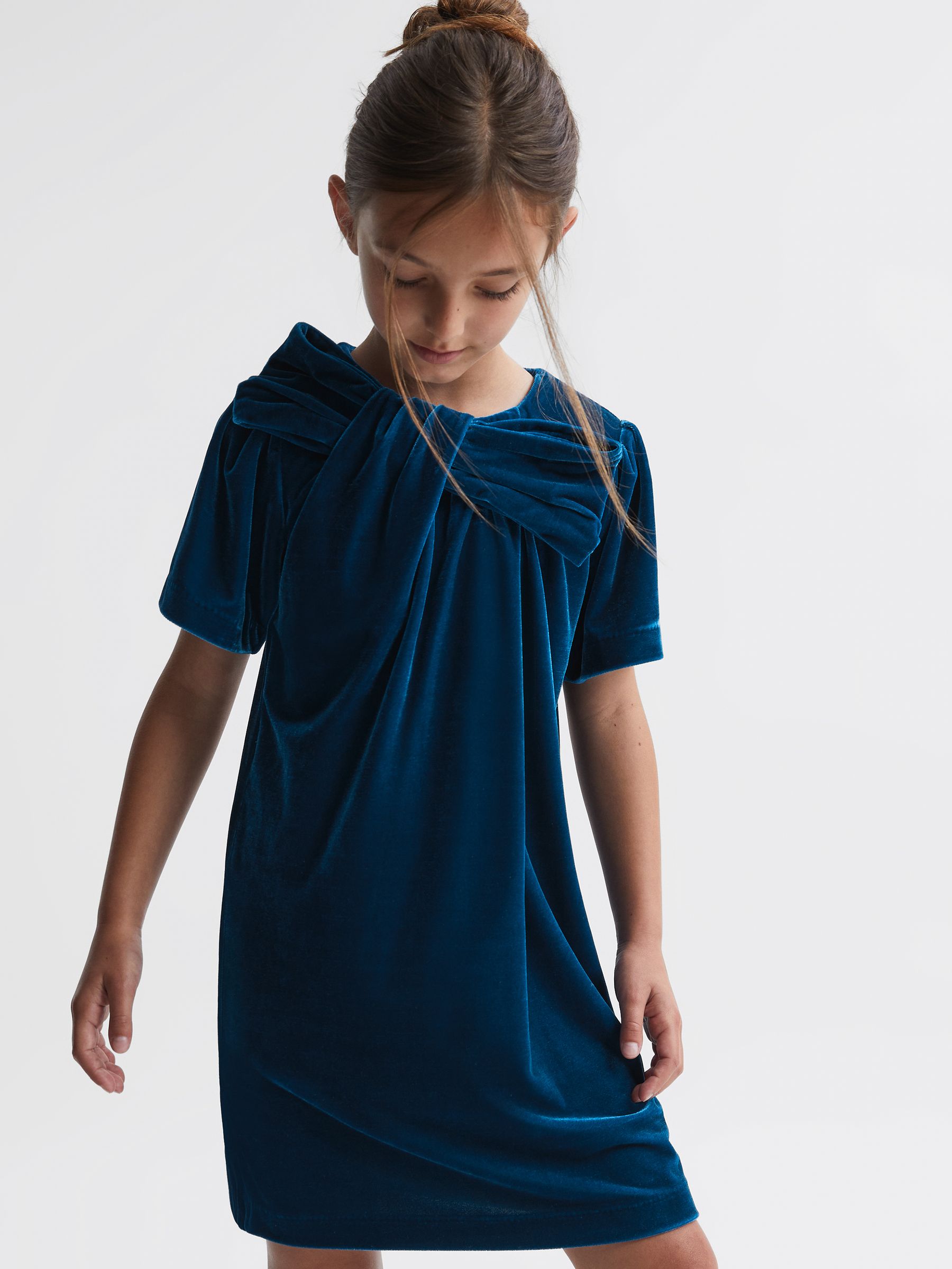 9-14 yrs Velvet Bow Dress in Teal - Image 1 of 5 9-14 yrs Velvet Bow Dress in Teal - Image 1 of 5