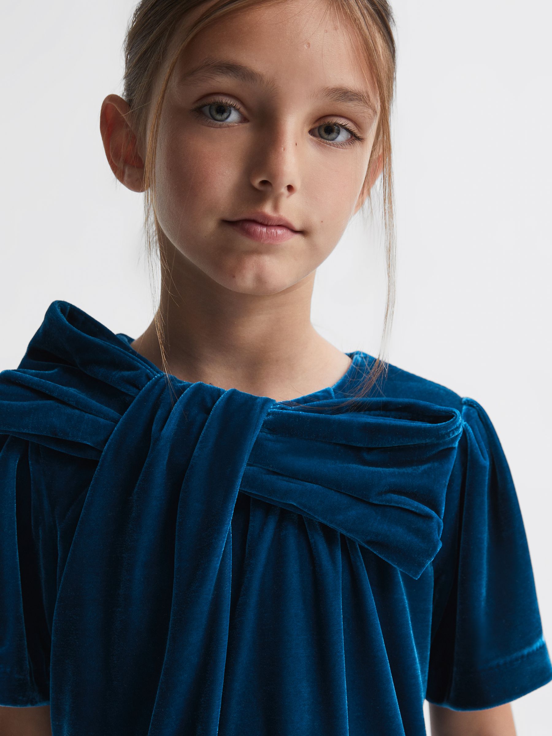 9-14 yrs Velvet Bow Dress in Teal - Image 3 of 5