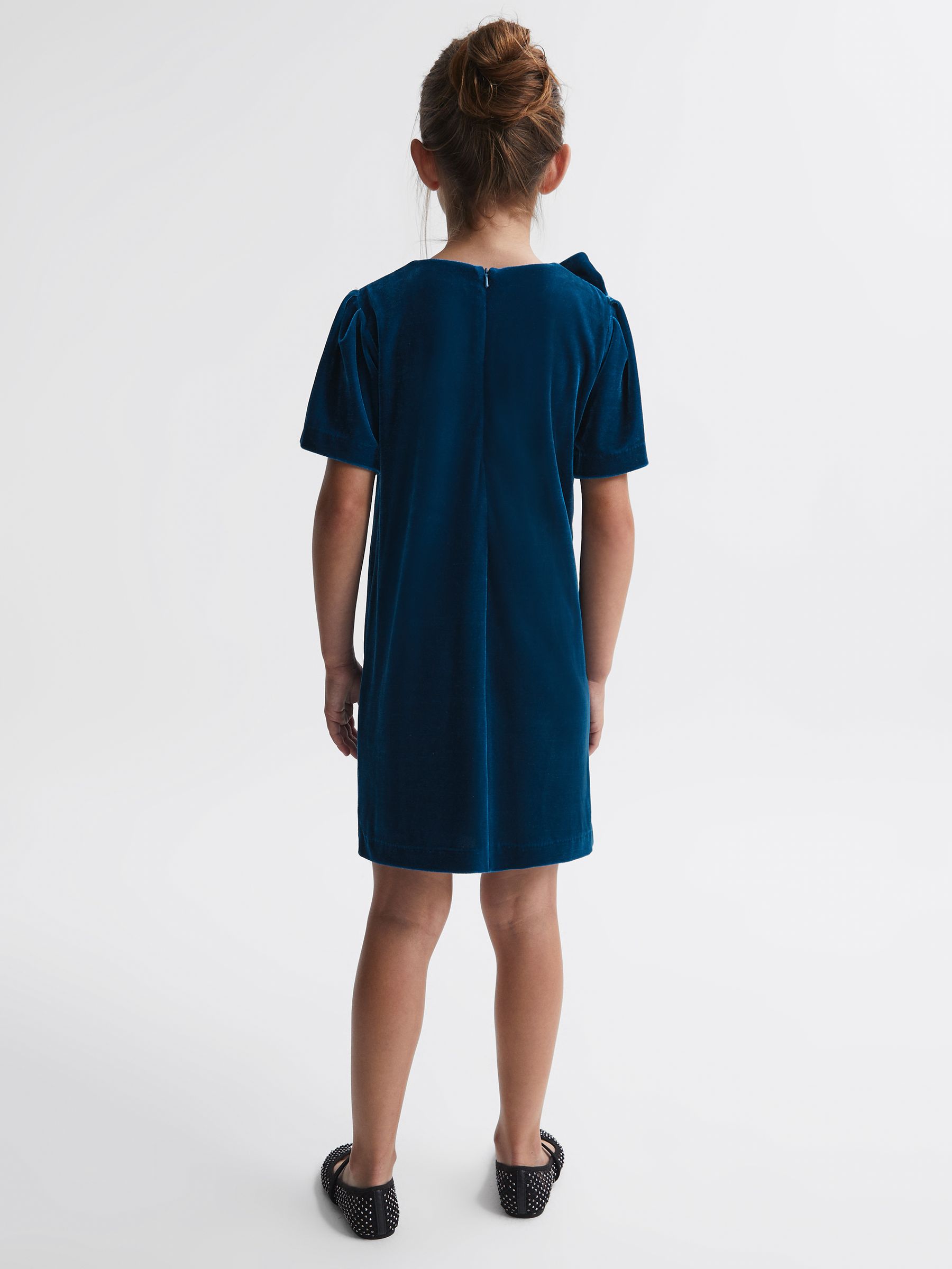 9-14 yrs Velvet Bow Dress in Teal - Image 4 of 5