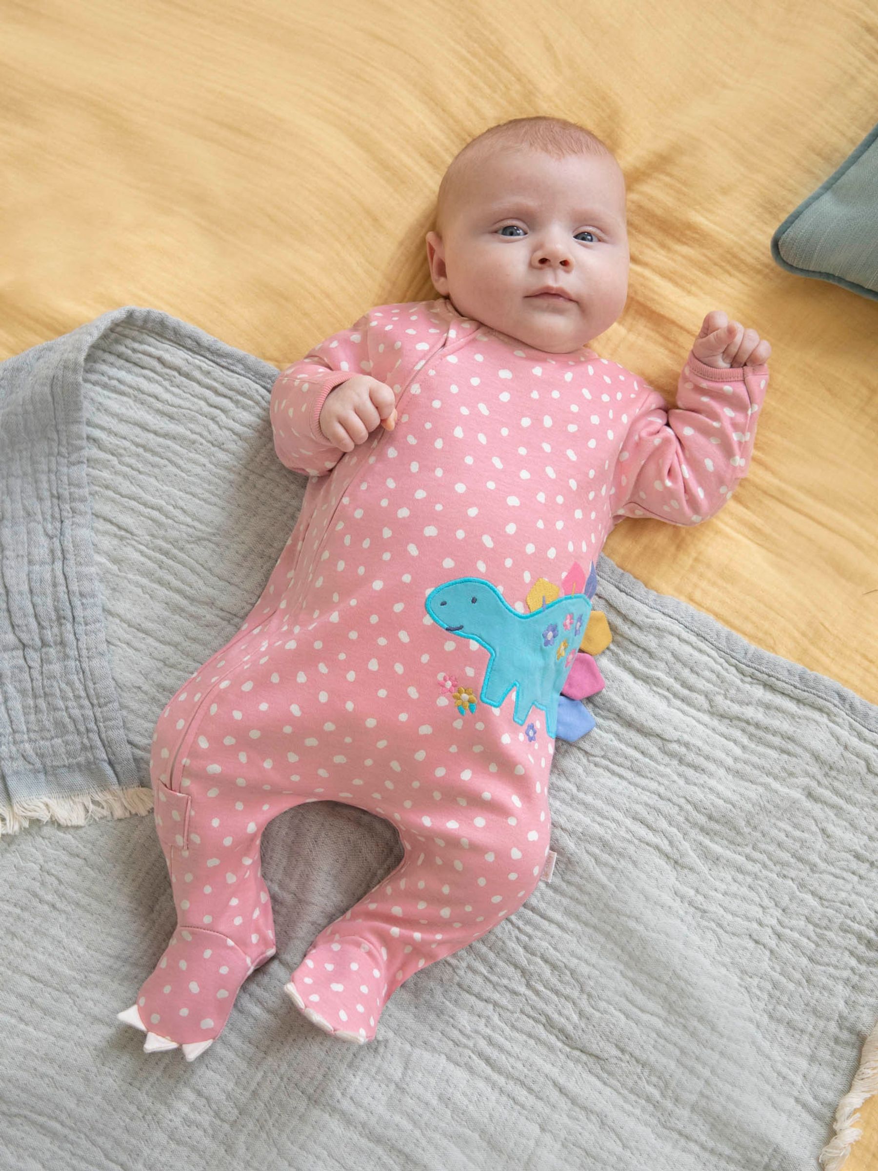 Pink Spotted Dino Appliqué Zip Cotton Baby Sleepsuit - Image 1 of 5