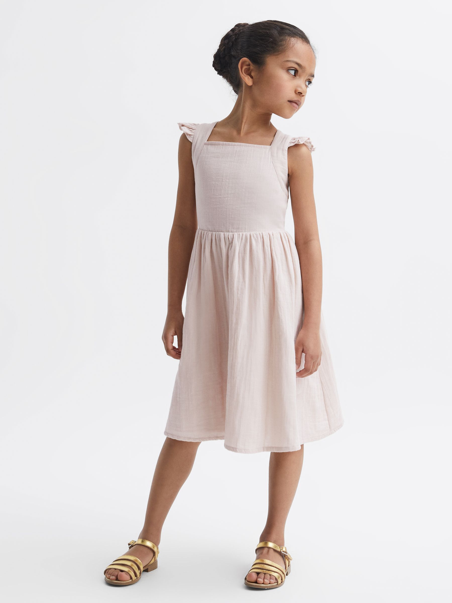 9-12 yrs Cotton Cross Back Dress in Pink - Image 1 of 6