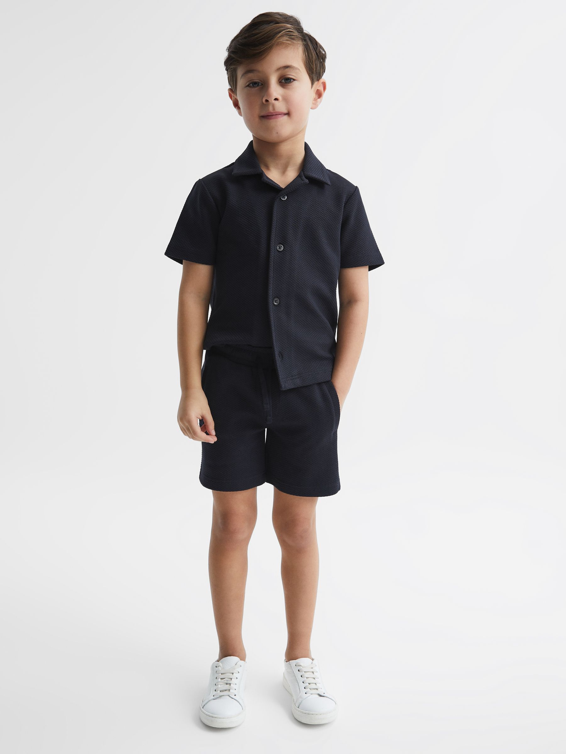 Junior Slim Fit Textured Drawstring Shorts in Navy - Image 3 of 6