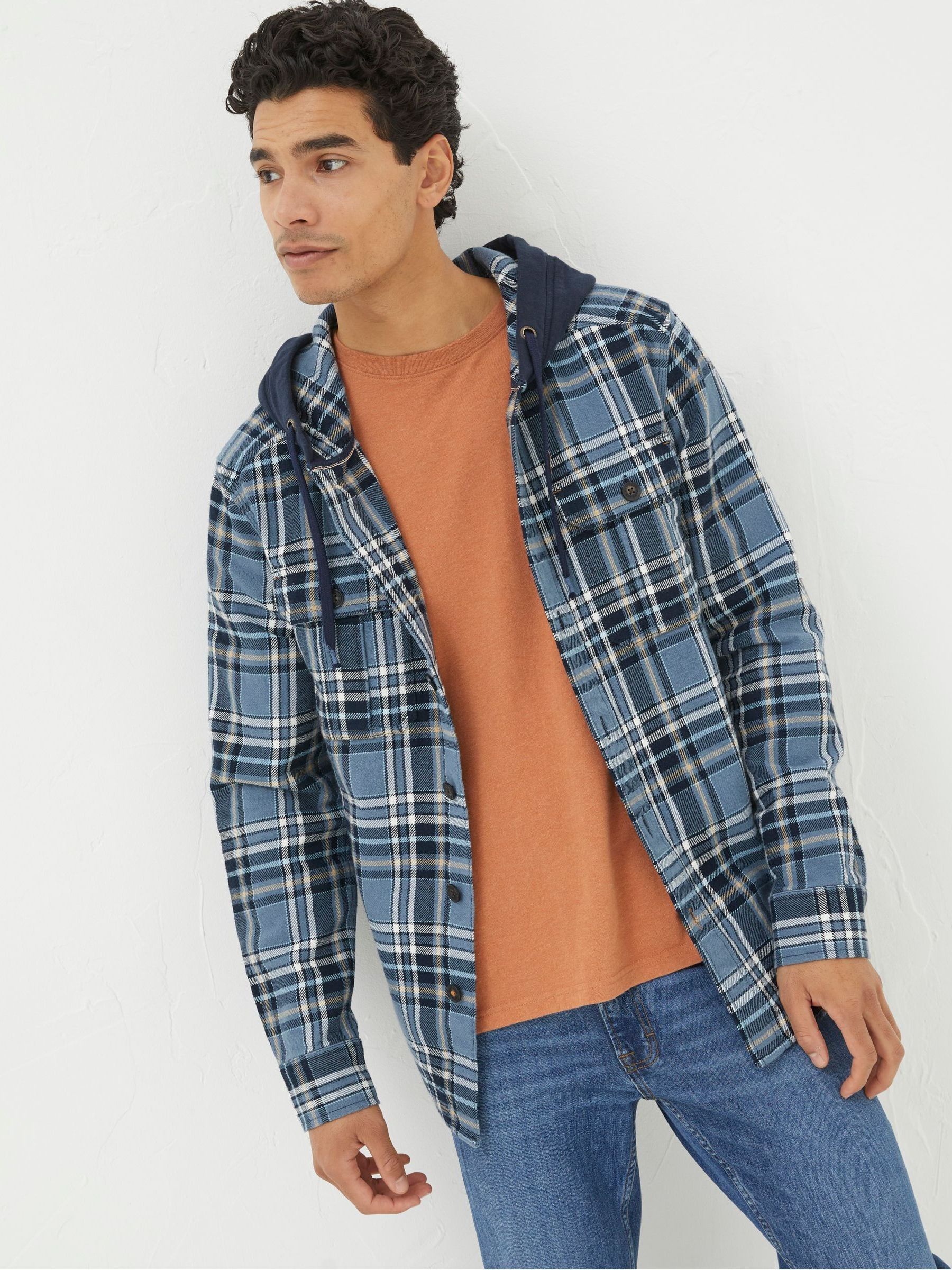 Blue Hooded Check Overshirt - Image 1 of 4 Blue Hooded Check Overshirt - Image 1 of 4