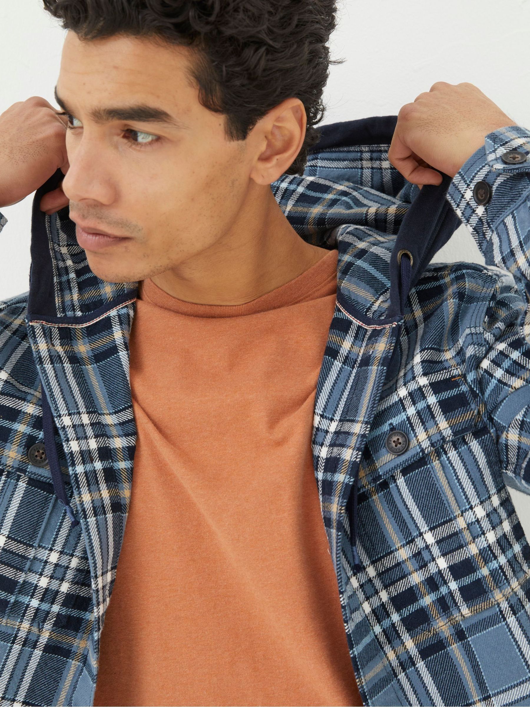 Blue Hooded Check Overshirt | FatFace