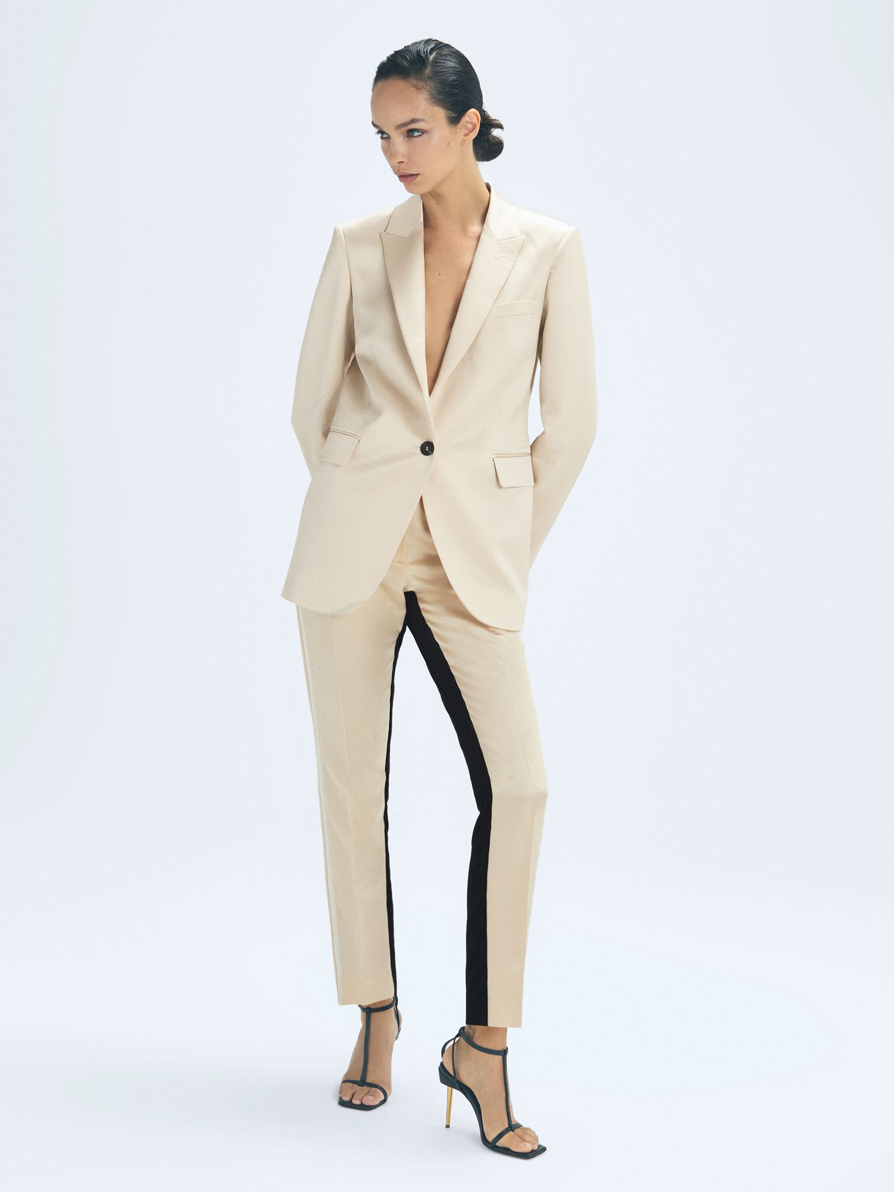 Slim Fit Colourblock Satin Velvet Trousers in Black/Cream - Image 4 of 5