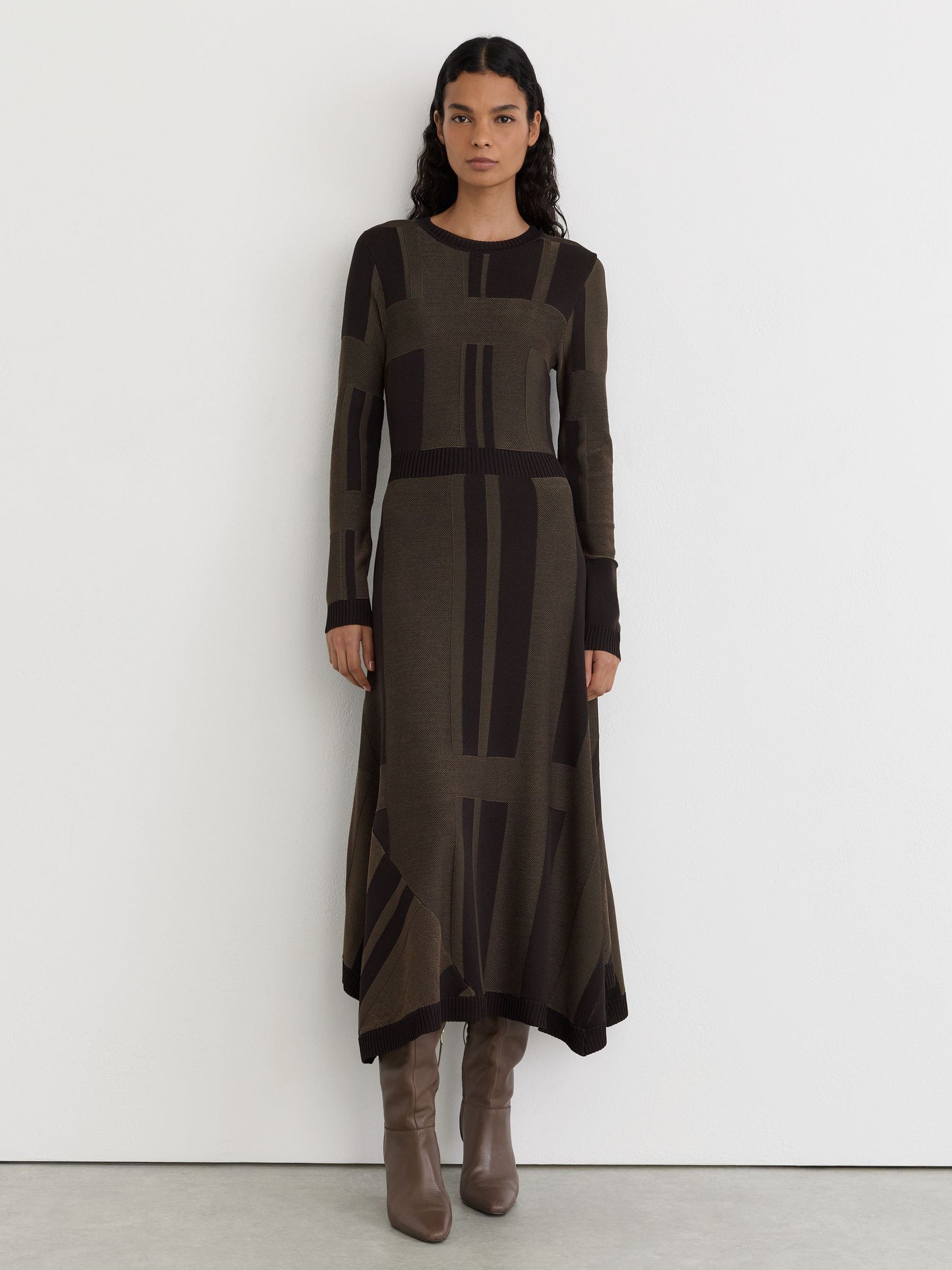 Geometric-Knit Long-Sleeve Midi Dress in Chocolate Brown by Reiss