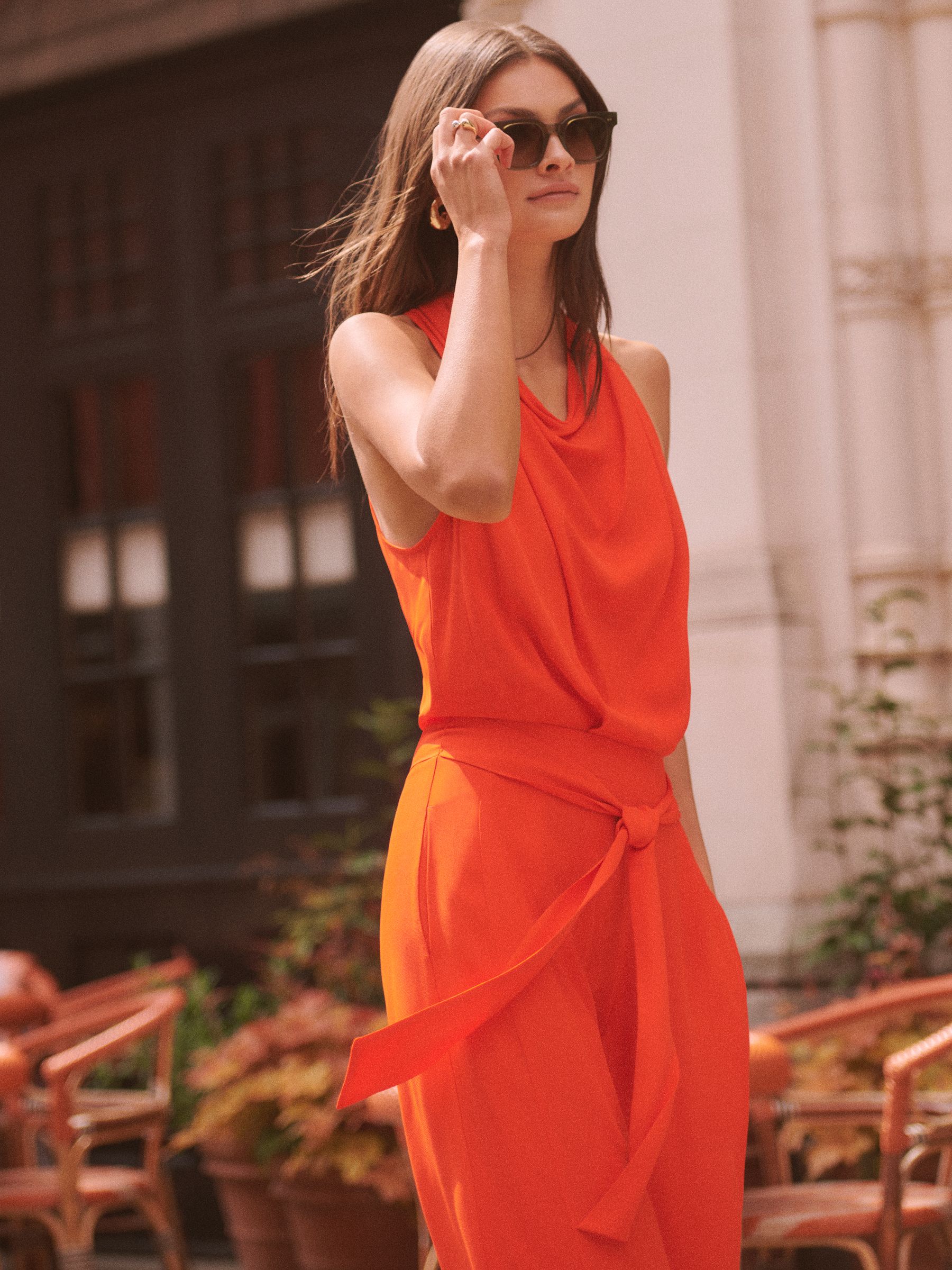 Cowl Neck Wide Leg Jumpsuit in Orange - Image 1 of 5 Cowl Neck Wide Leg Jumpsuit in Orange - Image 1 of 5