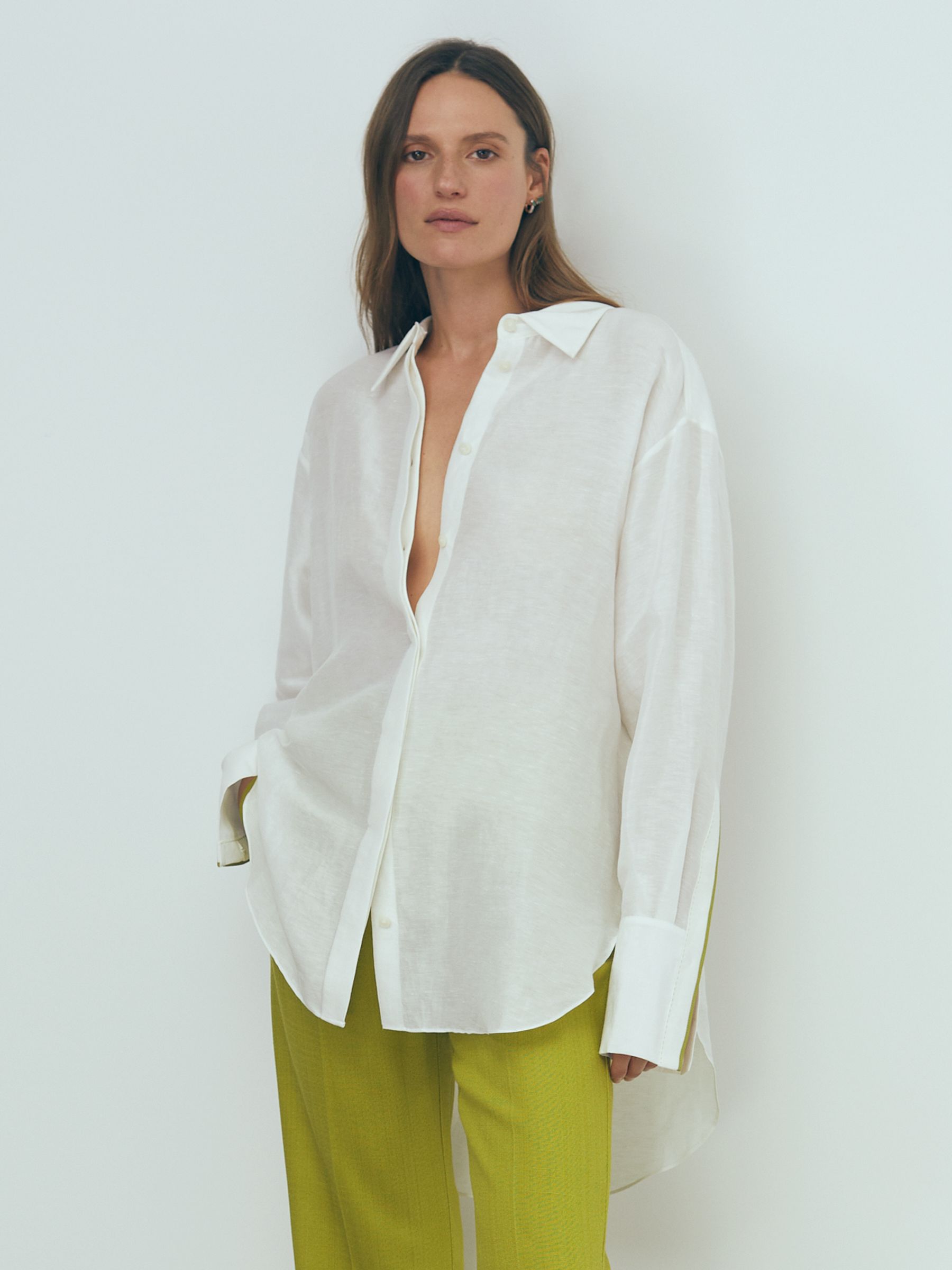 Atelier Linen Silk Contrast Button-Through Shirt in Ivory - Image 7 of 8