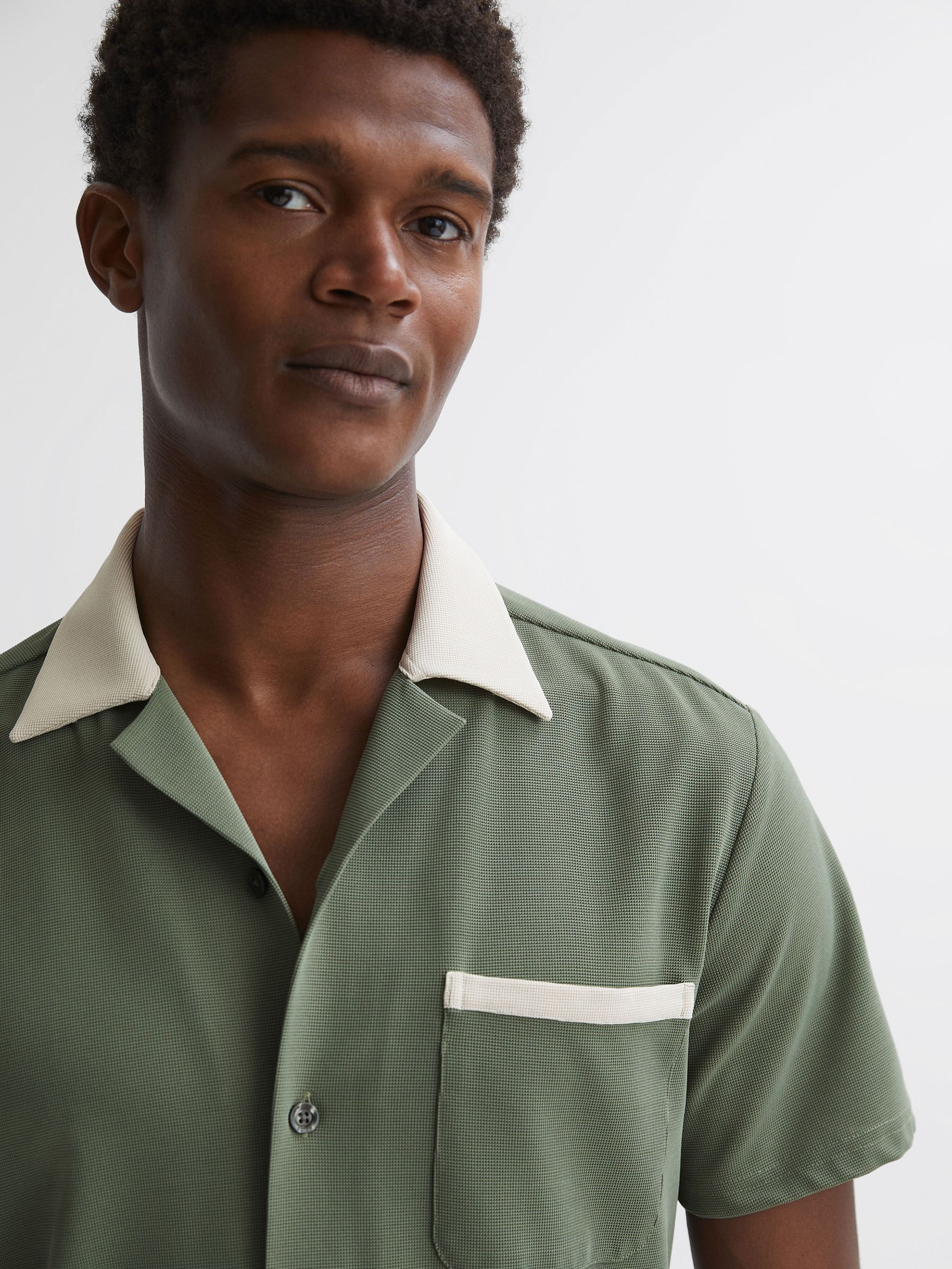 Cuban Collar Contrast Shirt in Sage/Ecru - Image 1 of 5