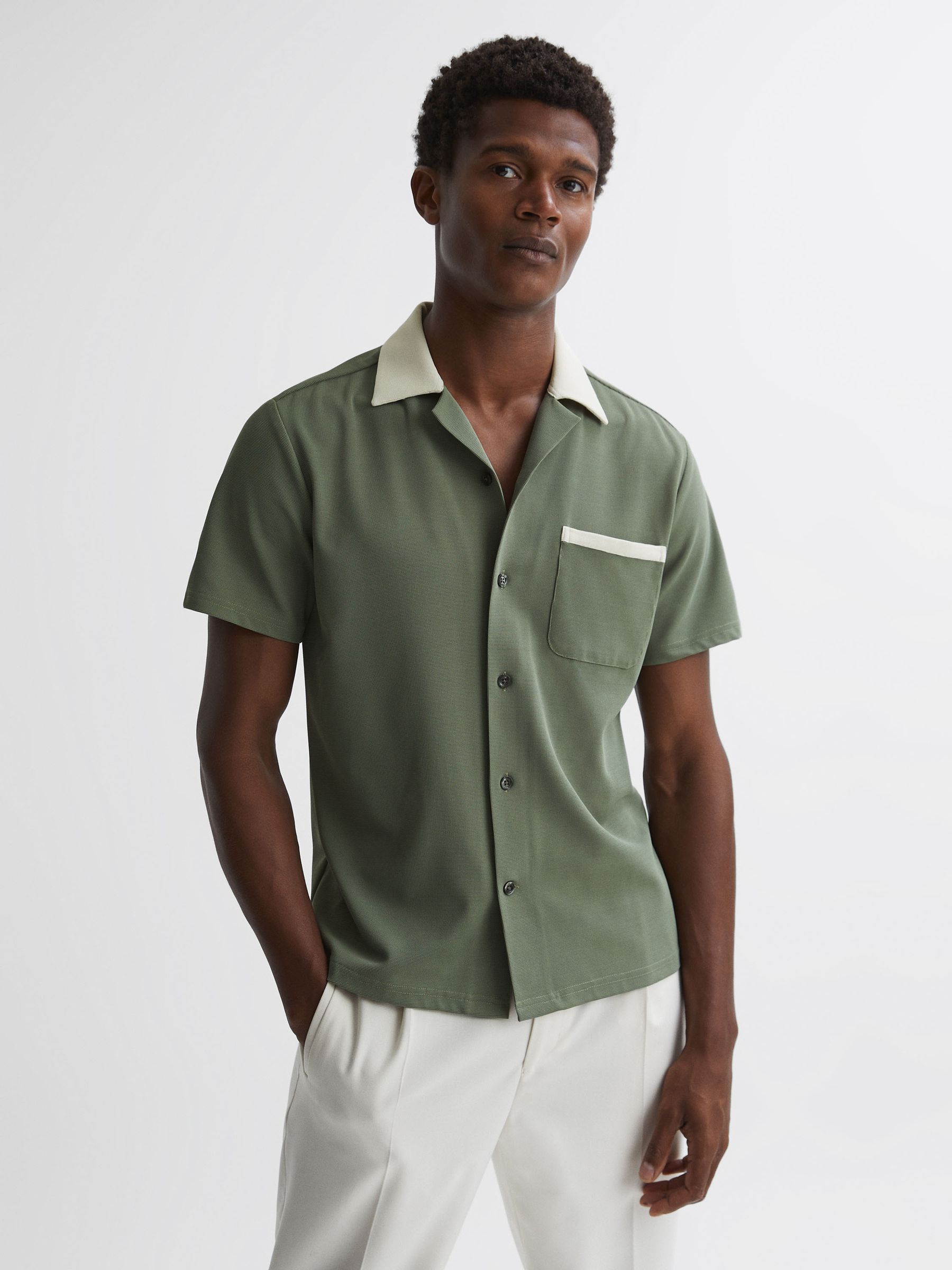 Cuban Collar Contrast Shirt in Sage/Ecru - Image 3 of 5