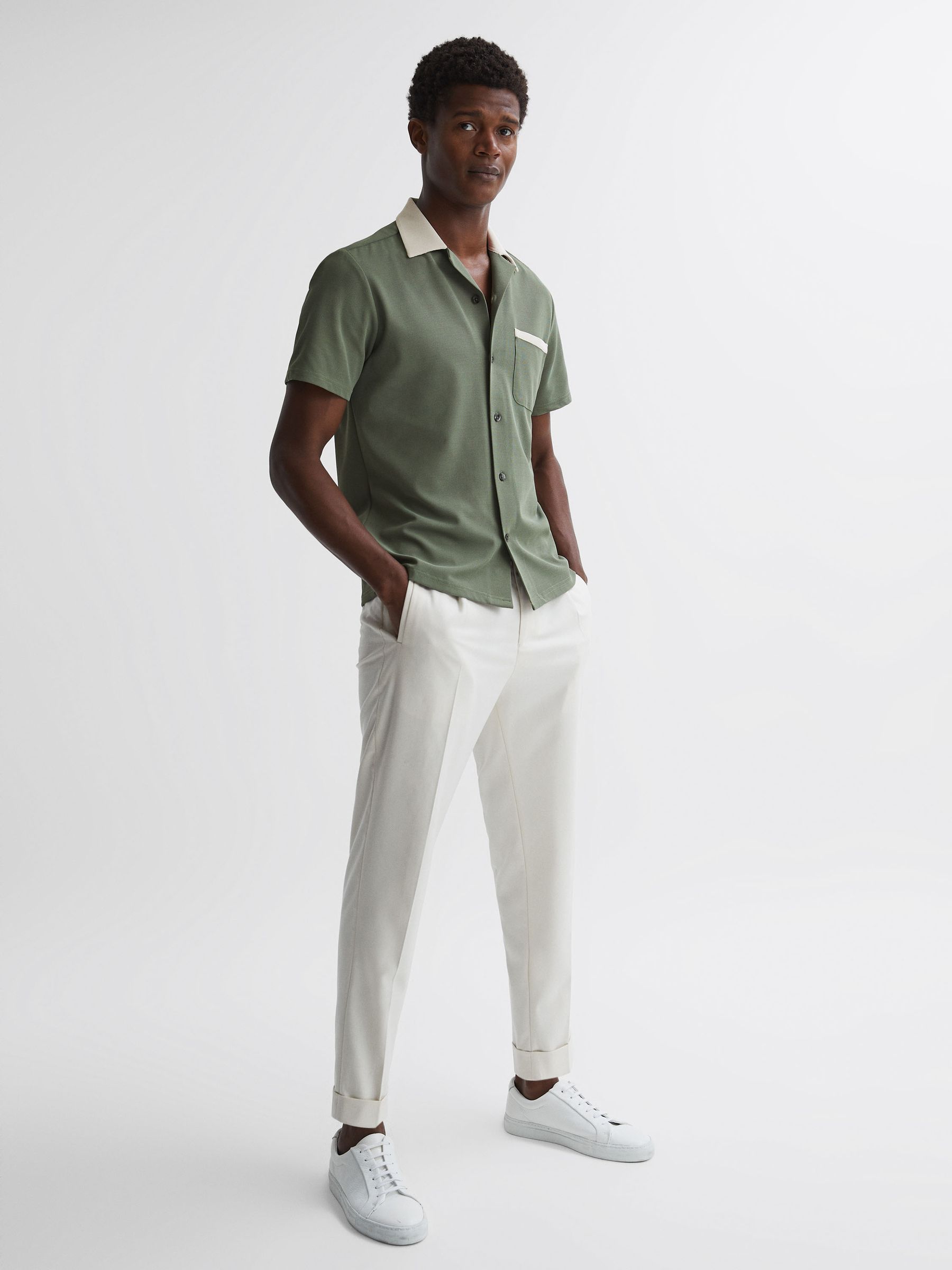 Cuban Collar Contrast Shirt in Sage/Ecru - Image 5 of 5
