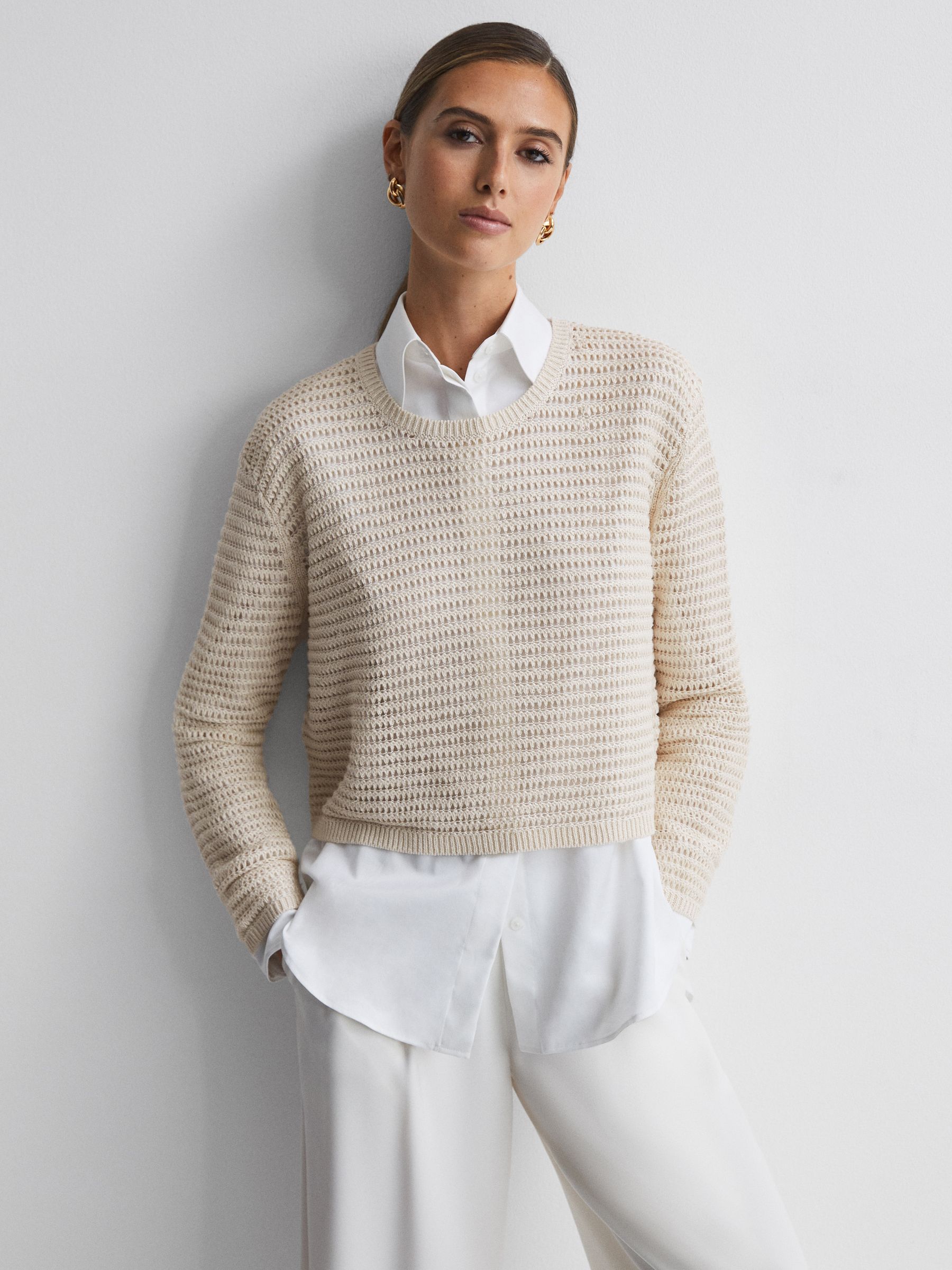 Linen Open Stitch Crew Neck Jumper in Ivory - Image 1 of 4