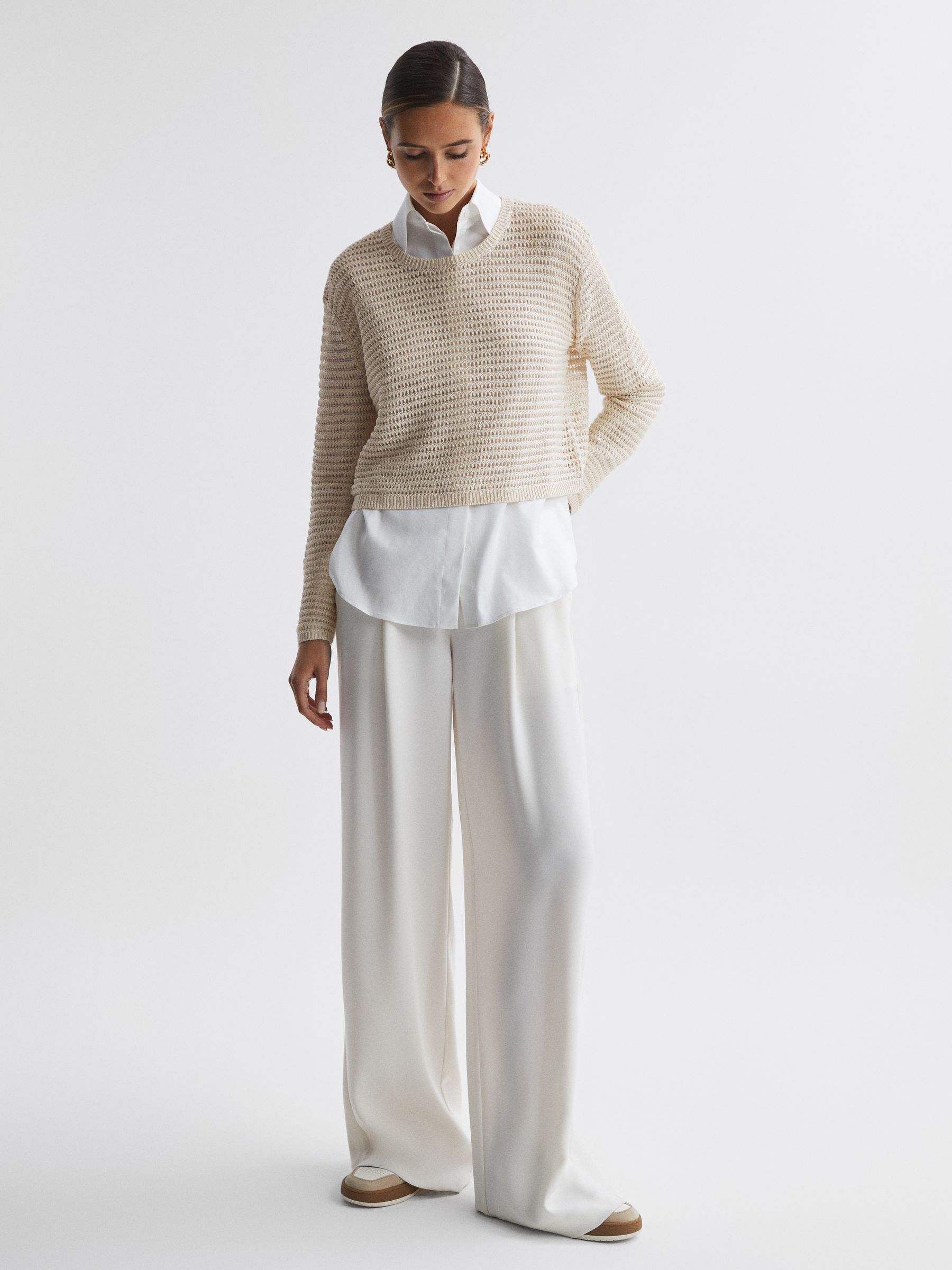 Linen Open Stitch Crew Neck Jumper in Ivory - Image 3 of 4