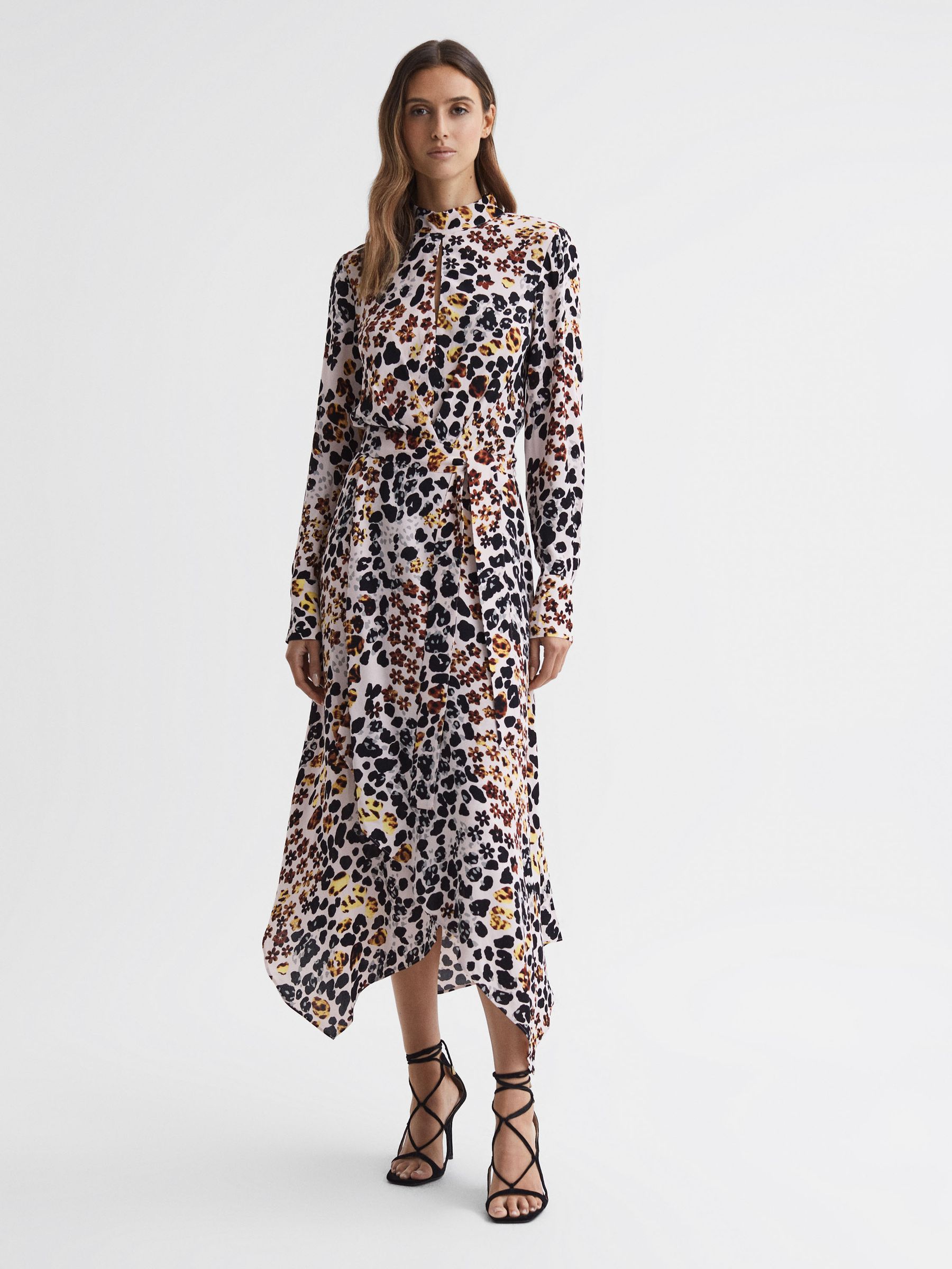 Animal Print Belted Midi Dress in Nude/Black - Image 1 of 4