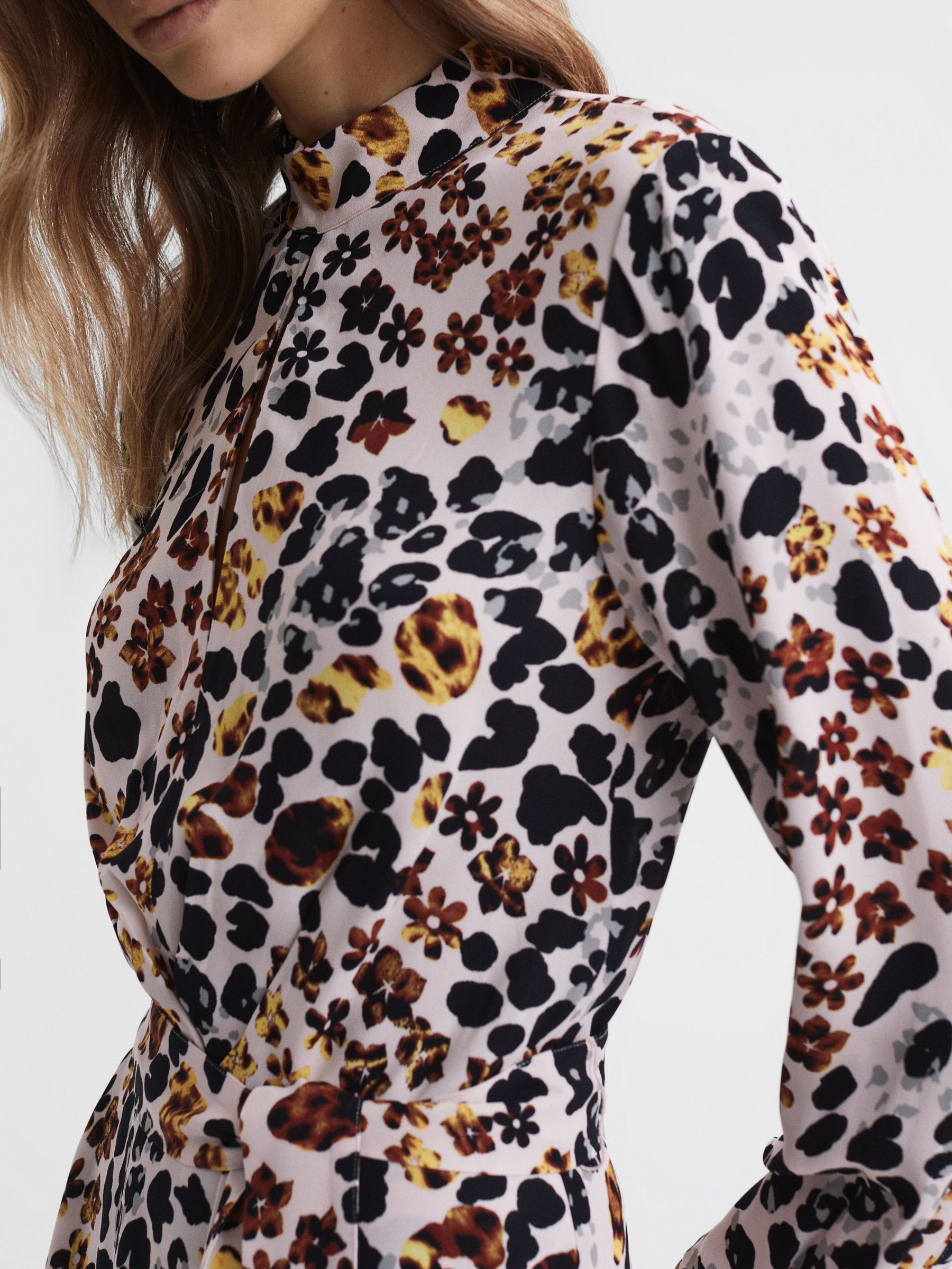 Animal Print Belted Midi Dress in Nude/Black - Image 3 of 4