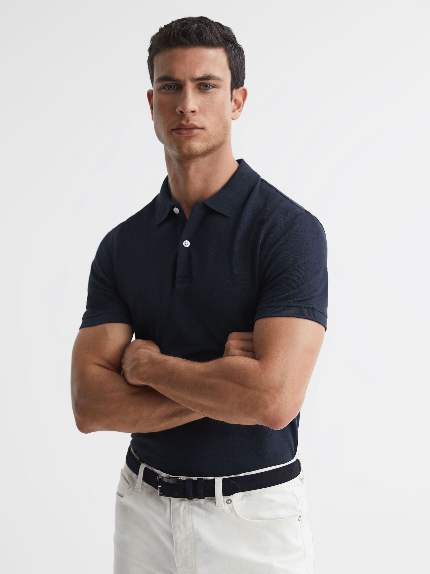 Slim Fit Garment Dye Polo Shirt in Navy - Image 1 of 4
