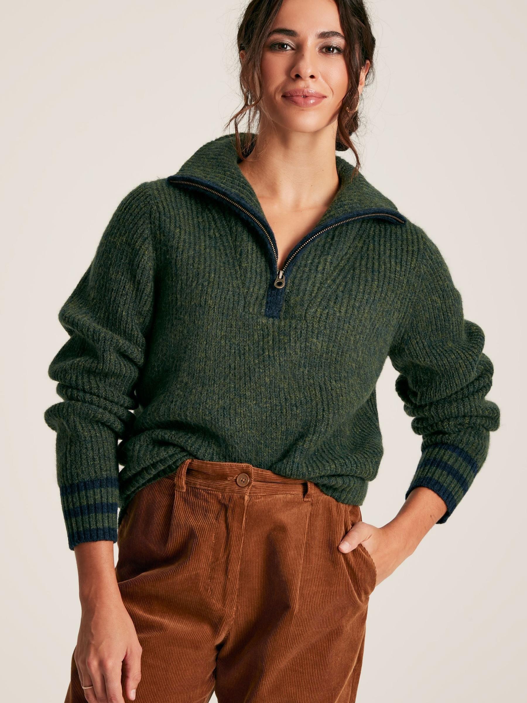 Jada Dark Green Quarter Zip Rib Knit Jumper - Image 1 of 7
