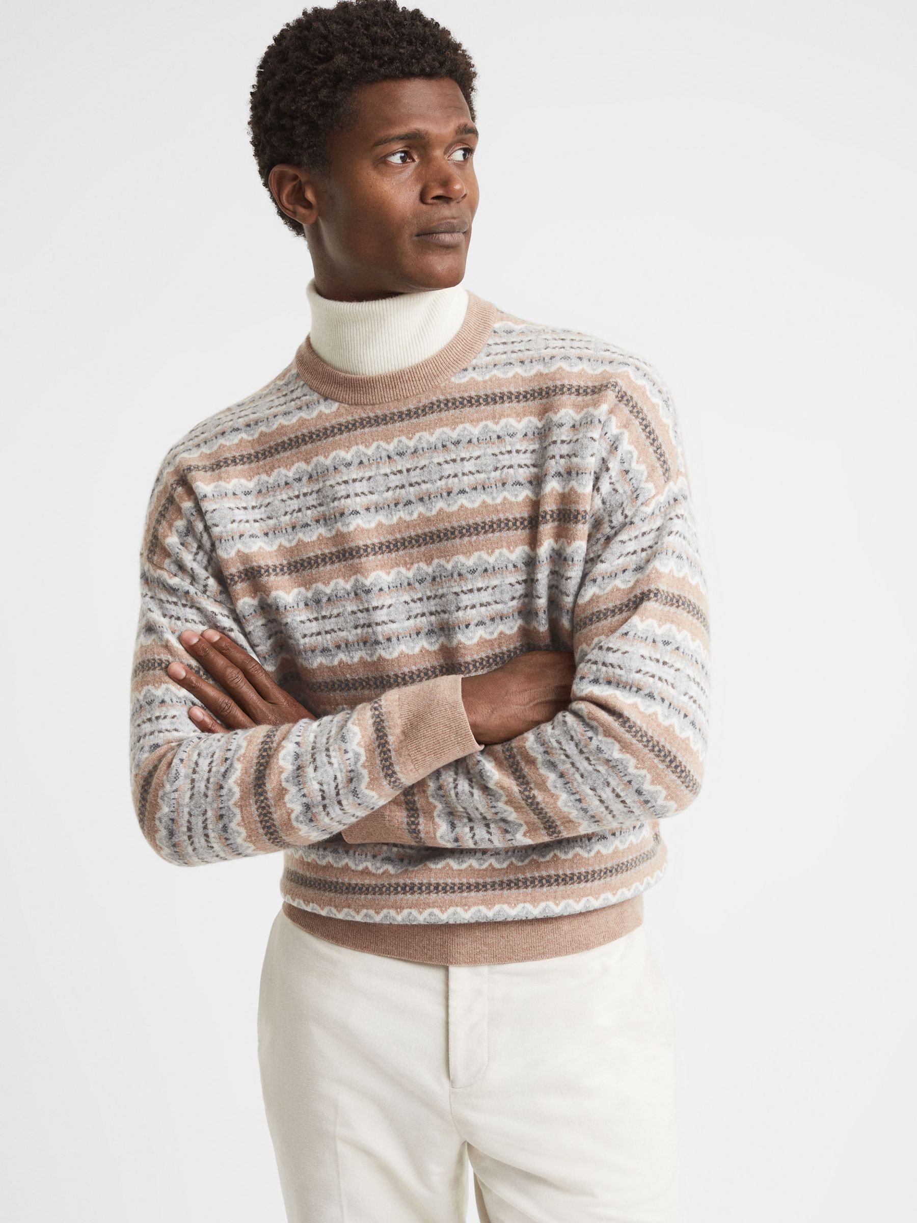 Wool Fairisle Pattern Crew Neck Jumper in Camel - Image 1 of 5