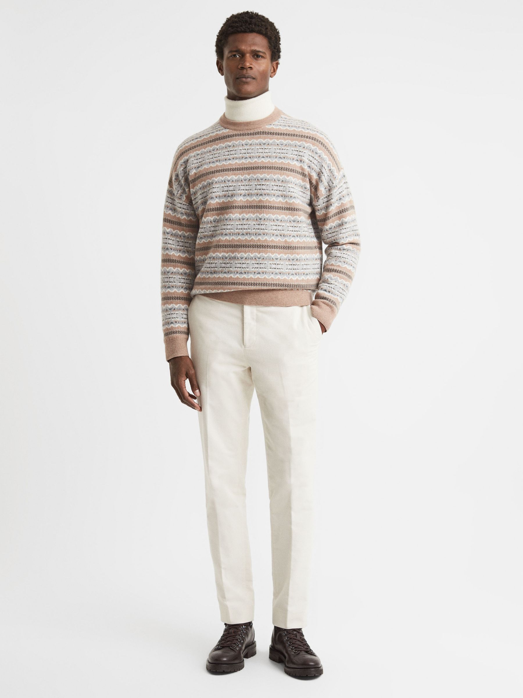 Wool Fairisle Pattern Crew Neck Jumper in Camel - Image 4 of 5