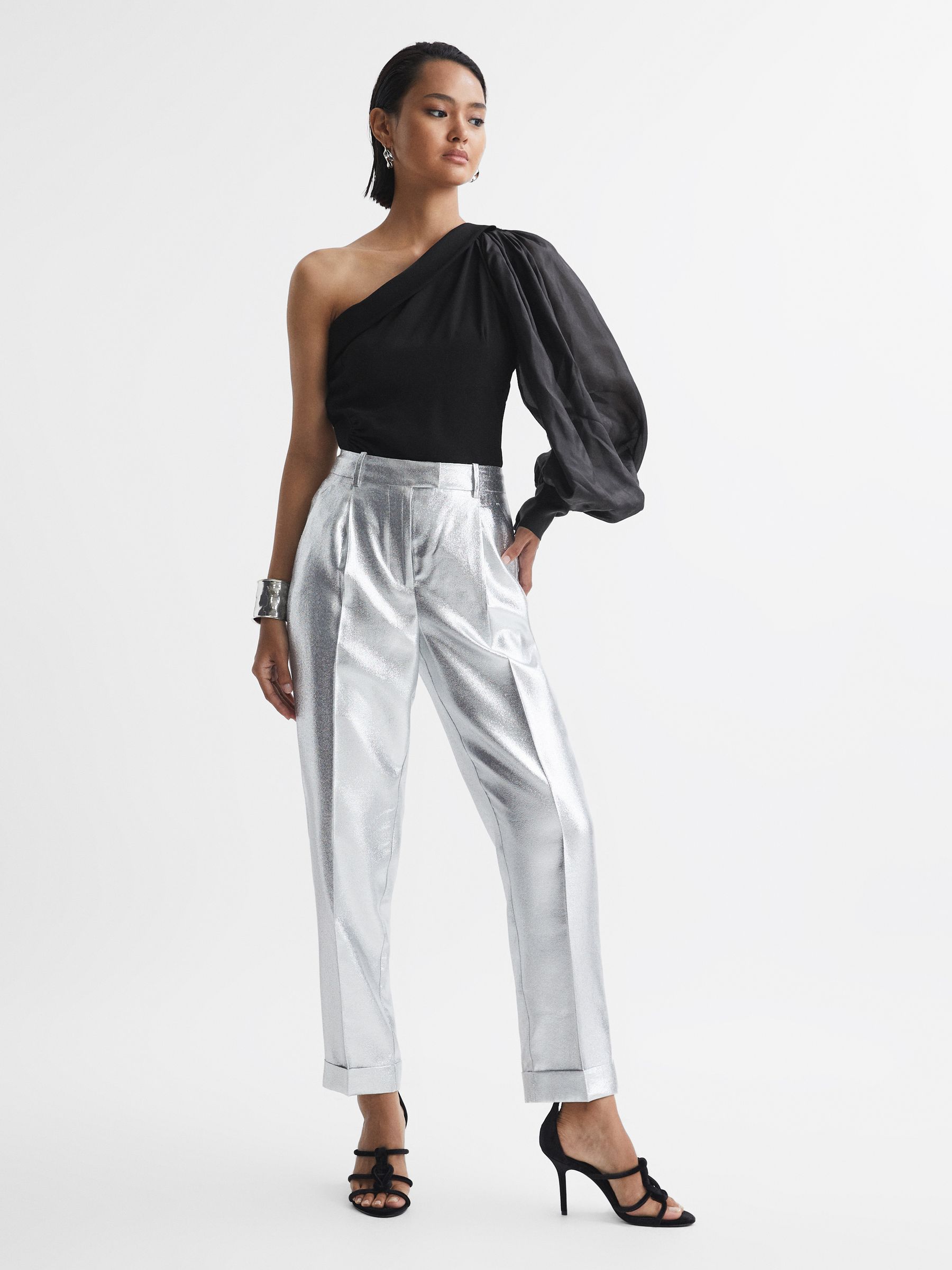 One-Shoulder Blouson Sleeve Ruche Top in Black - Image 1 of 5