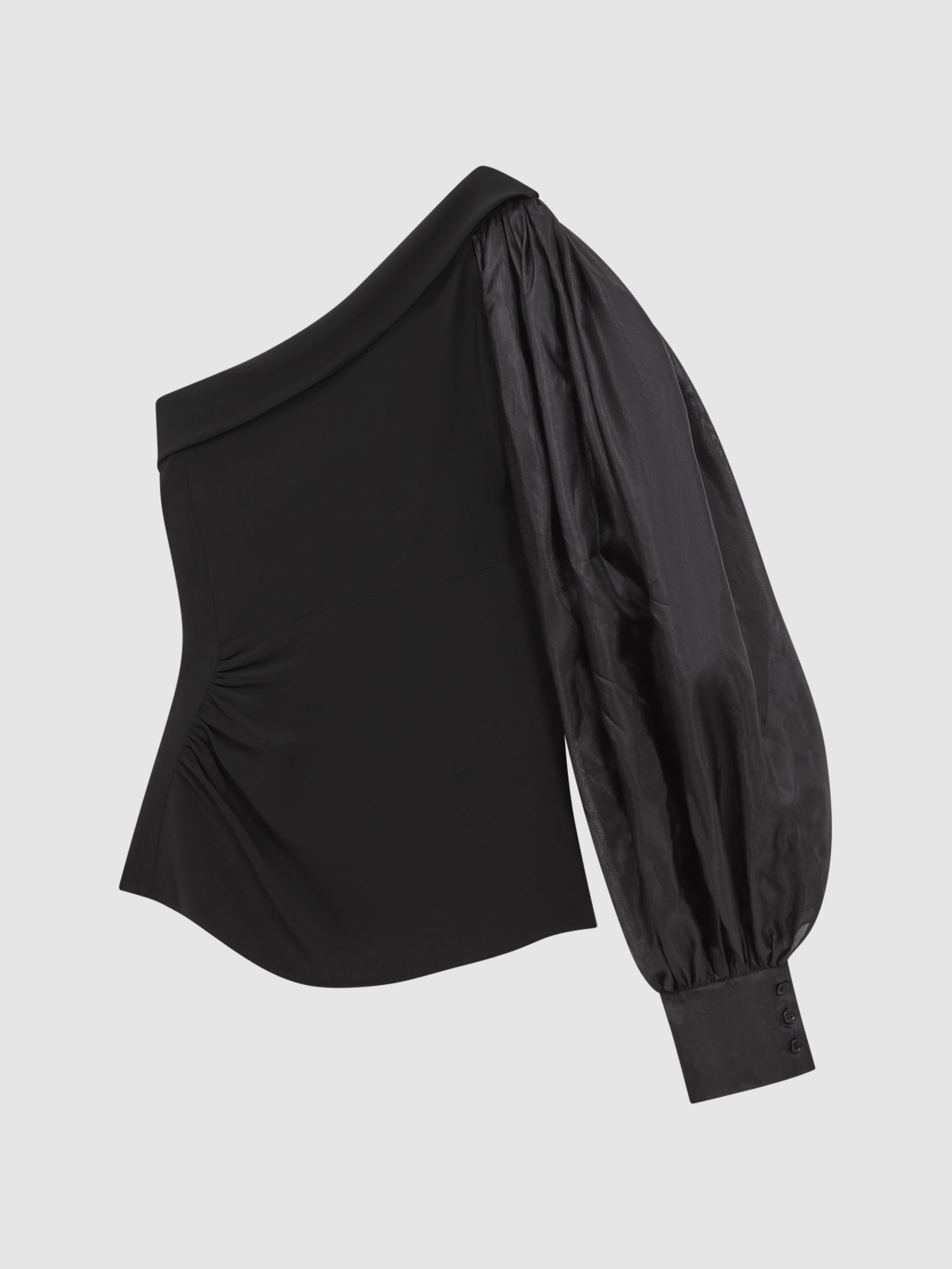 One-Shoulder Blouson Sleeve Ruche Top in Black - Image 2 of 5